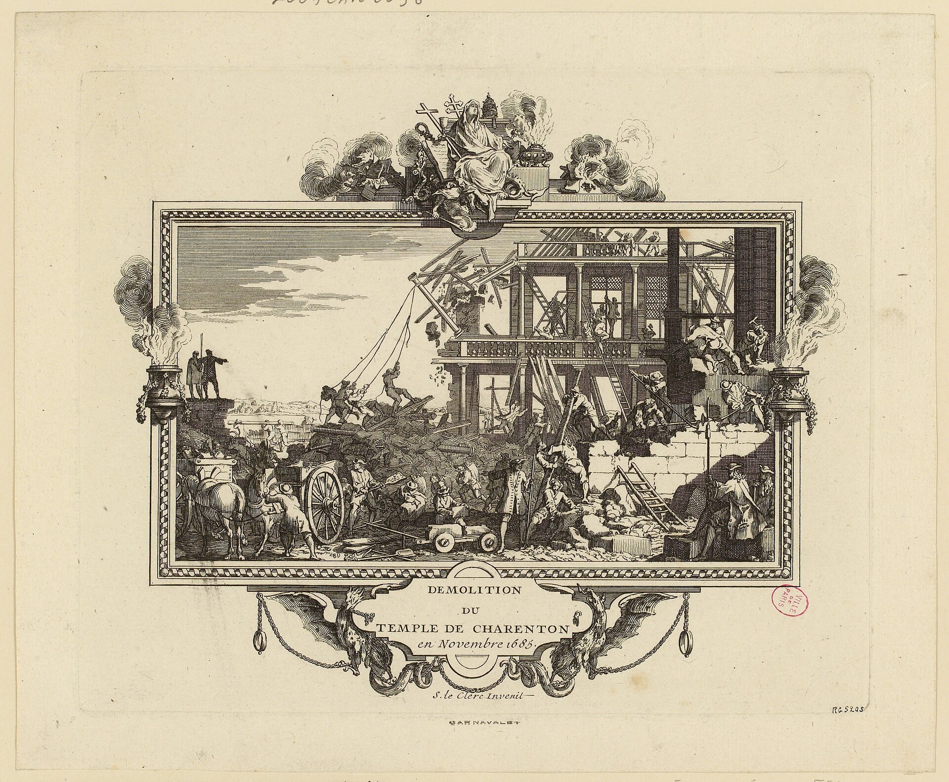 Contemporary print of the demolition of the Protestant temple of Charenton, November 1685