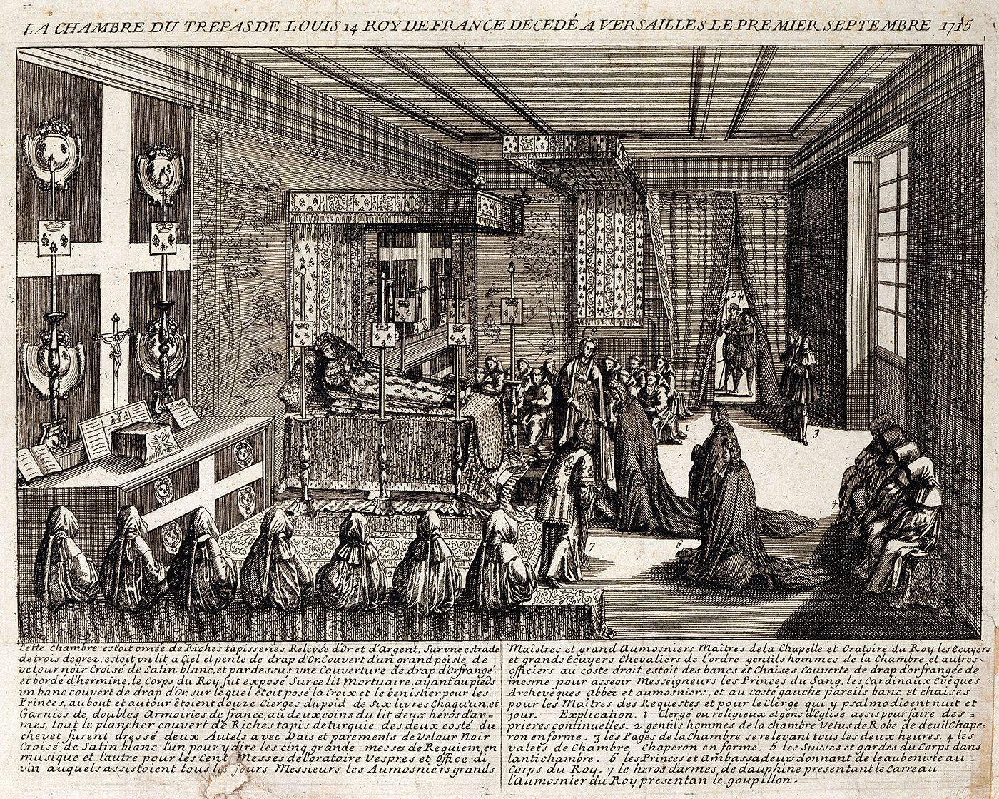 Contemporary engraving of the death chamber of Louis XIV, 1715