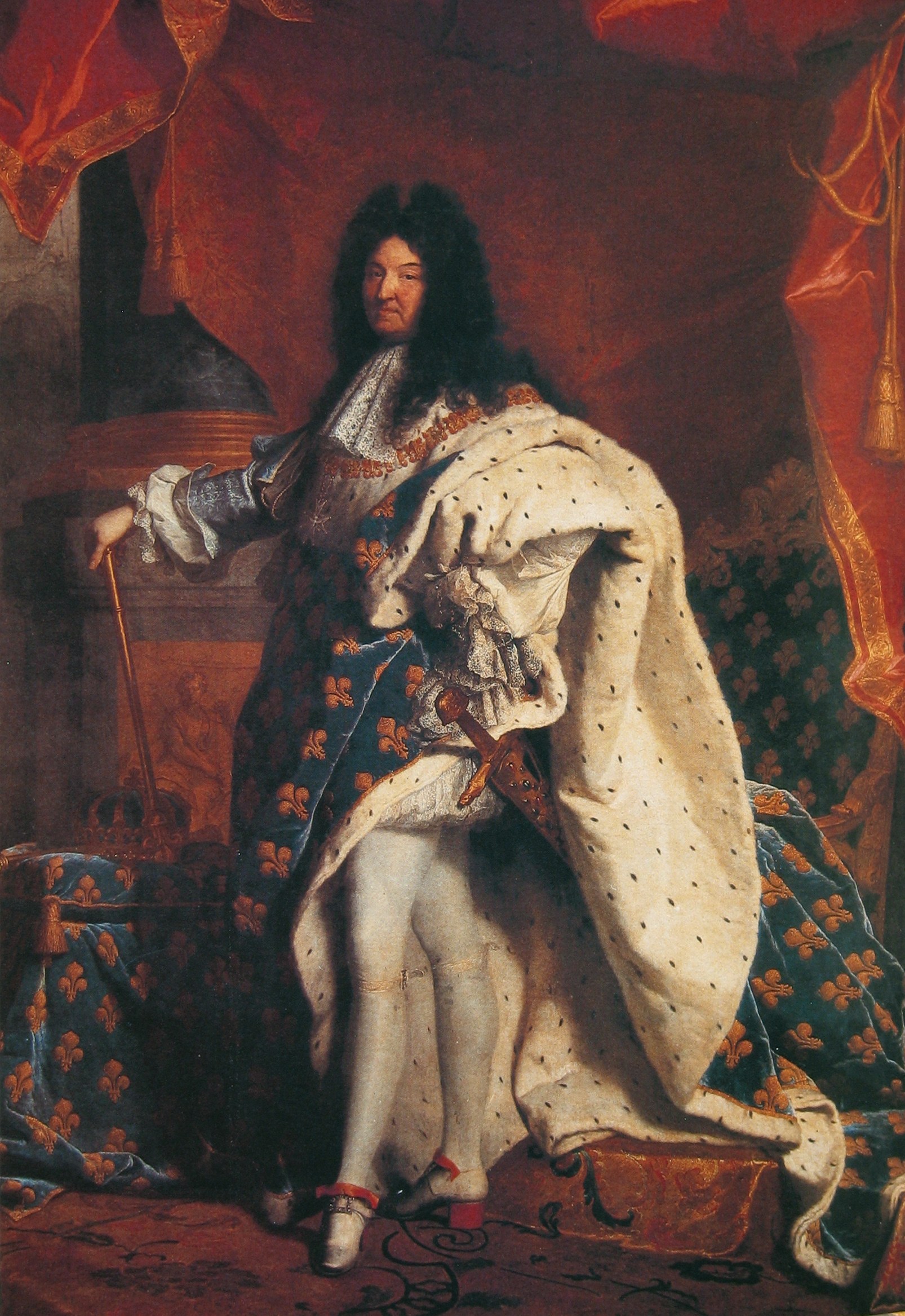 Hyacinthe Rigaud's 1701 state portrait of Louis XIV in coronation robes: blue velvet strewn with fleurs-de-lis, ermine, the regalia on a cushion