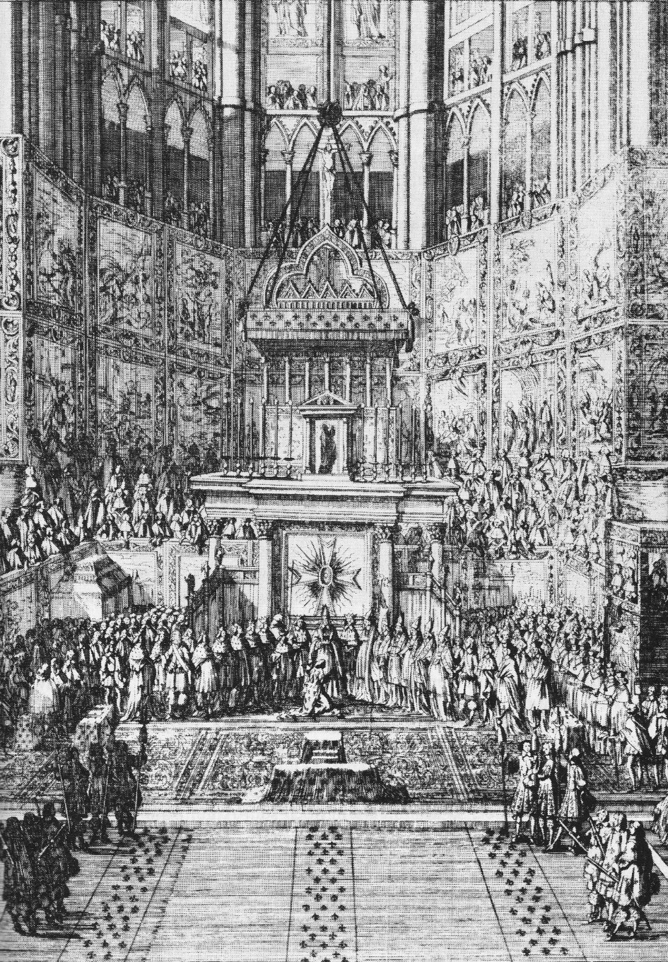 Engraving of the coronation of Louis XIV in Reims Cathedral, 1654