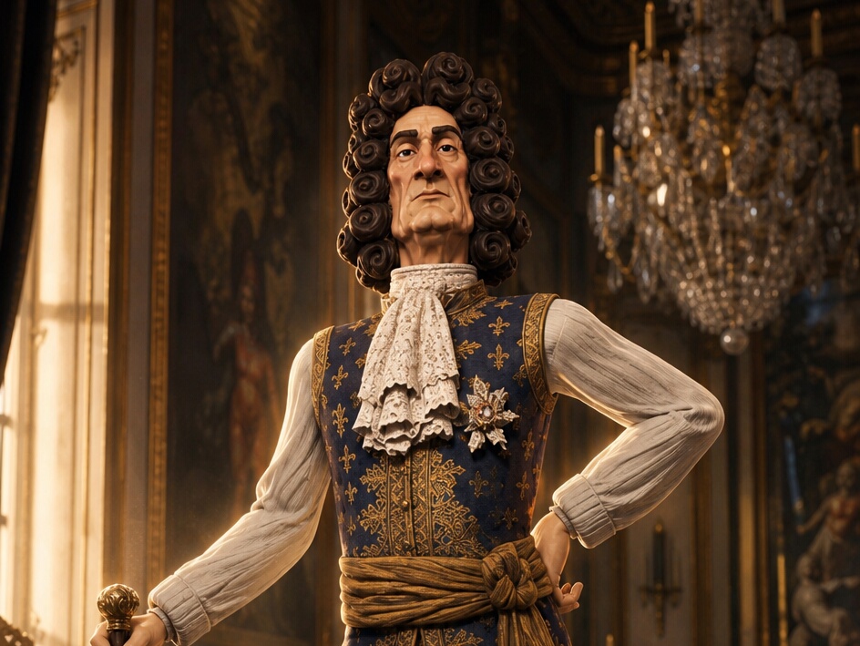 The owner's Vizlings Louis XIV character art: the animated king in blue-and-gold court dress in a palace hall