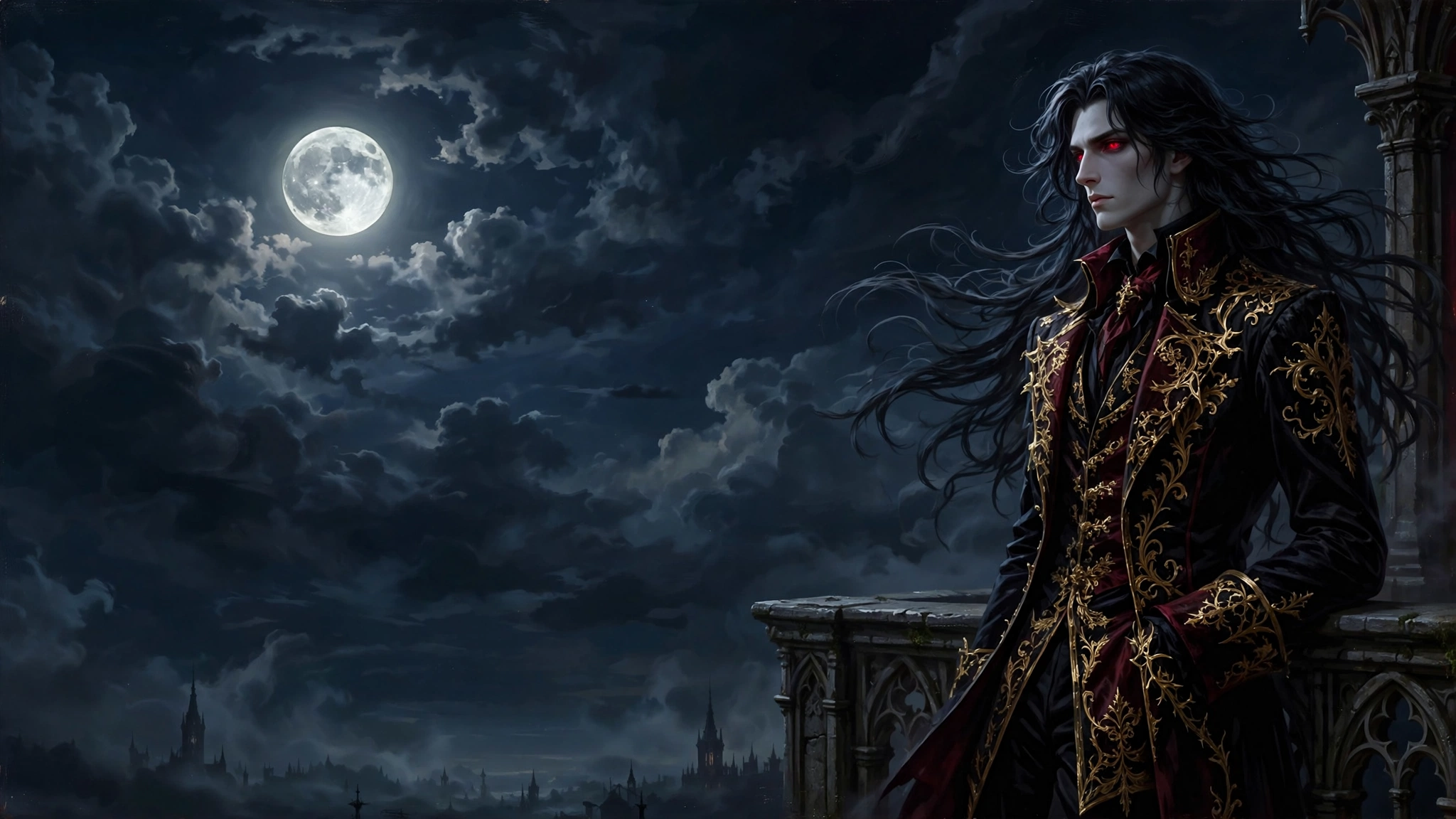 AI-generated dramatization art: wide banner of Lucien on a moonlit manor balcony under a full moon