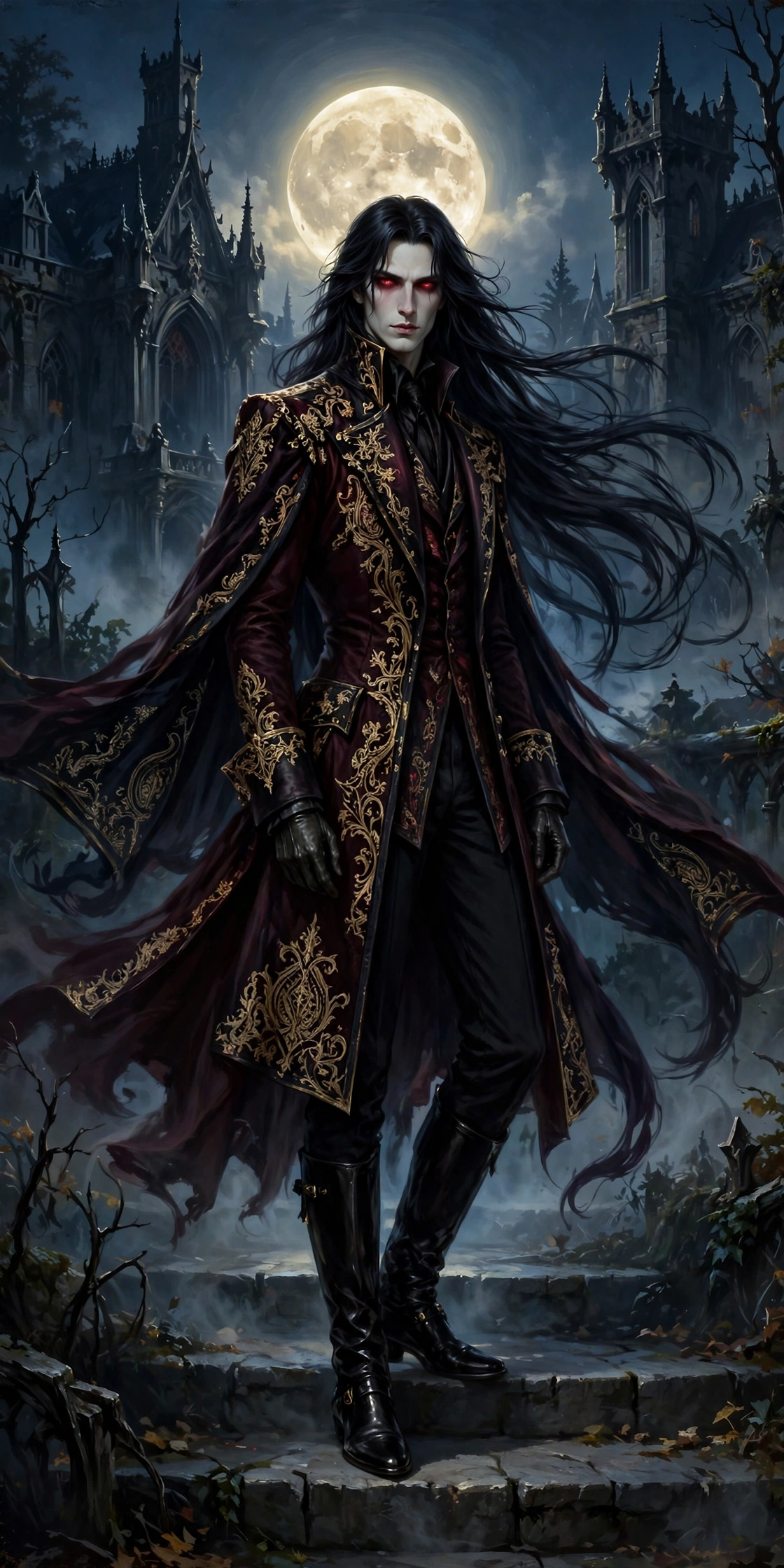 AI-generated dramatization art: full-body illustration of Lucien in his ornate black-and-burgundy gothic coat, standing on moonlit manor steps
