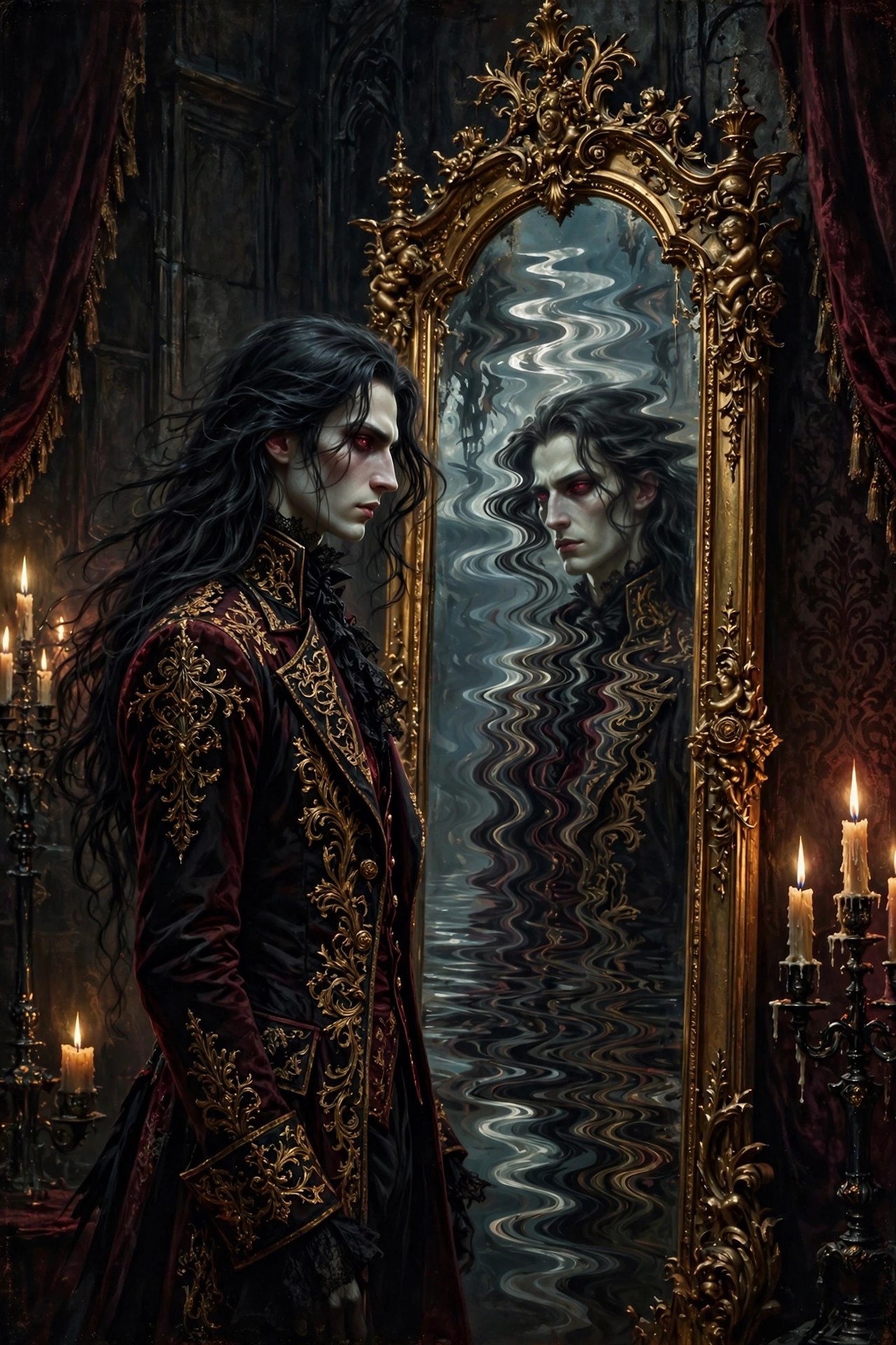 AI-generated dramatization art: Lucien before a tall ornate mirror in a candlelit chamber, his reflection rippling like moonlight