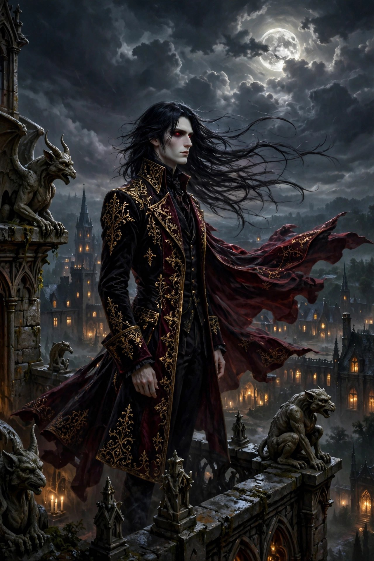 AI-generated dramatization art: Lucien on a gothic manor rooftop among gargoyles under a full moon