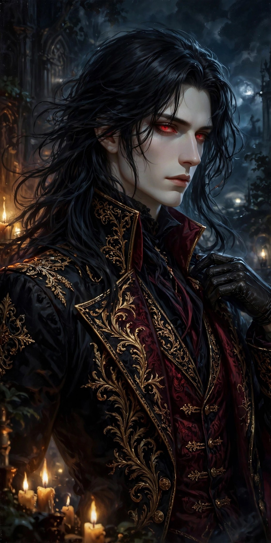 AI-generated dramatization art: portrait of Lucien with raven-black hair and crimson eyes