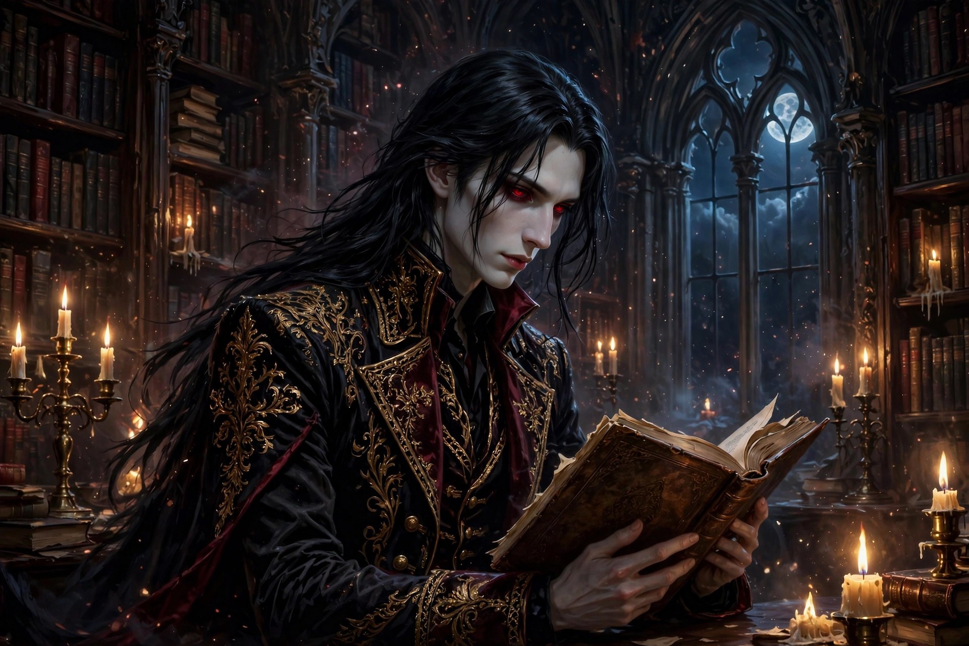 AI-generated dramatization art: Lucien reading in a candlelit gothic library
