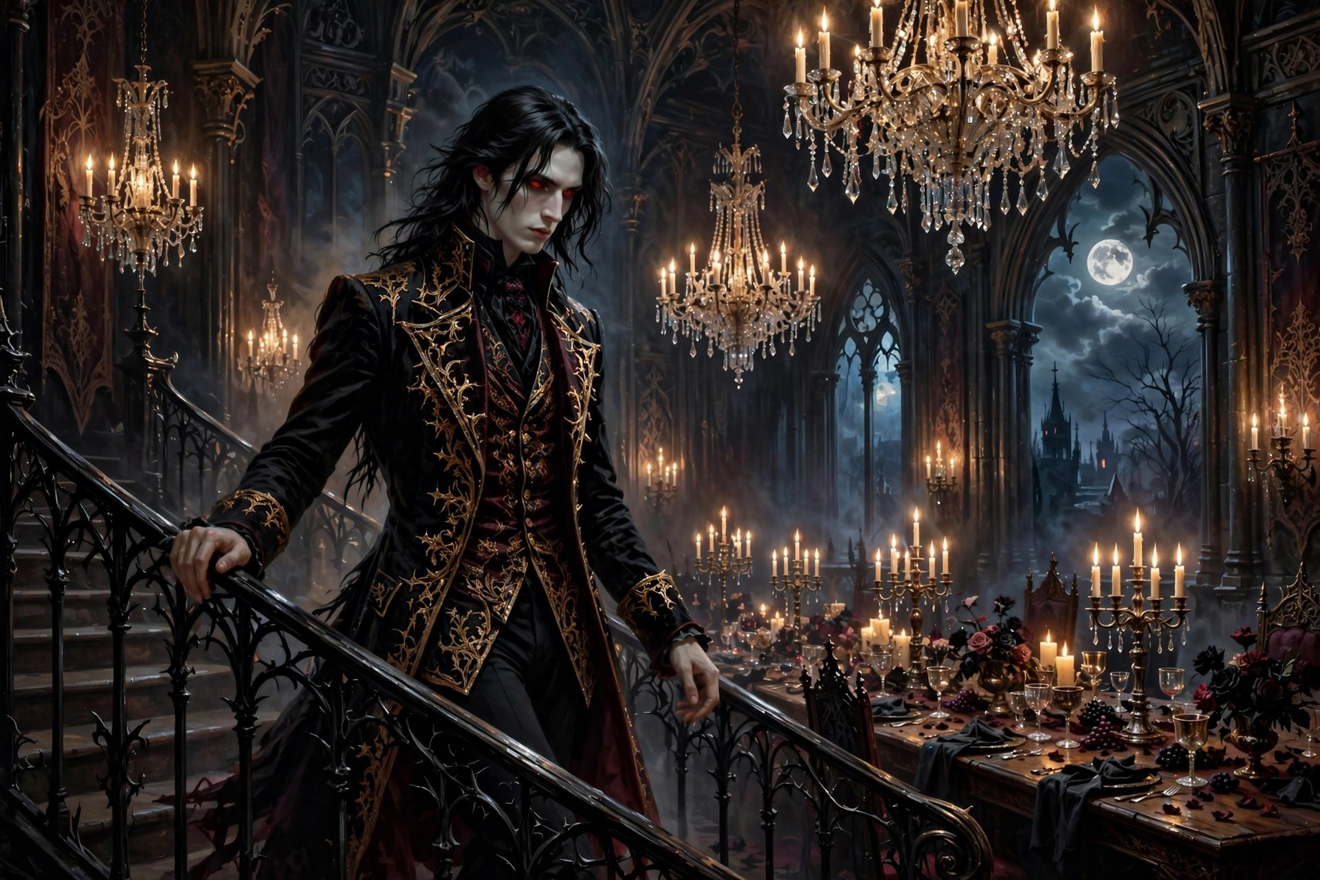 AI-generated dramatization art: Lucien descending a grand candlelit staircase in a gothic ballroom