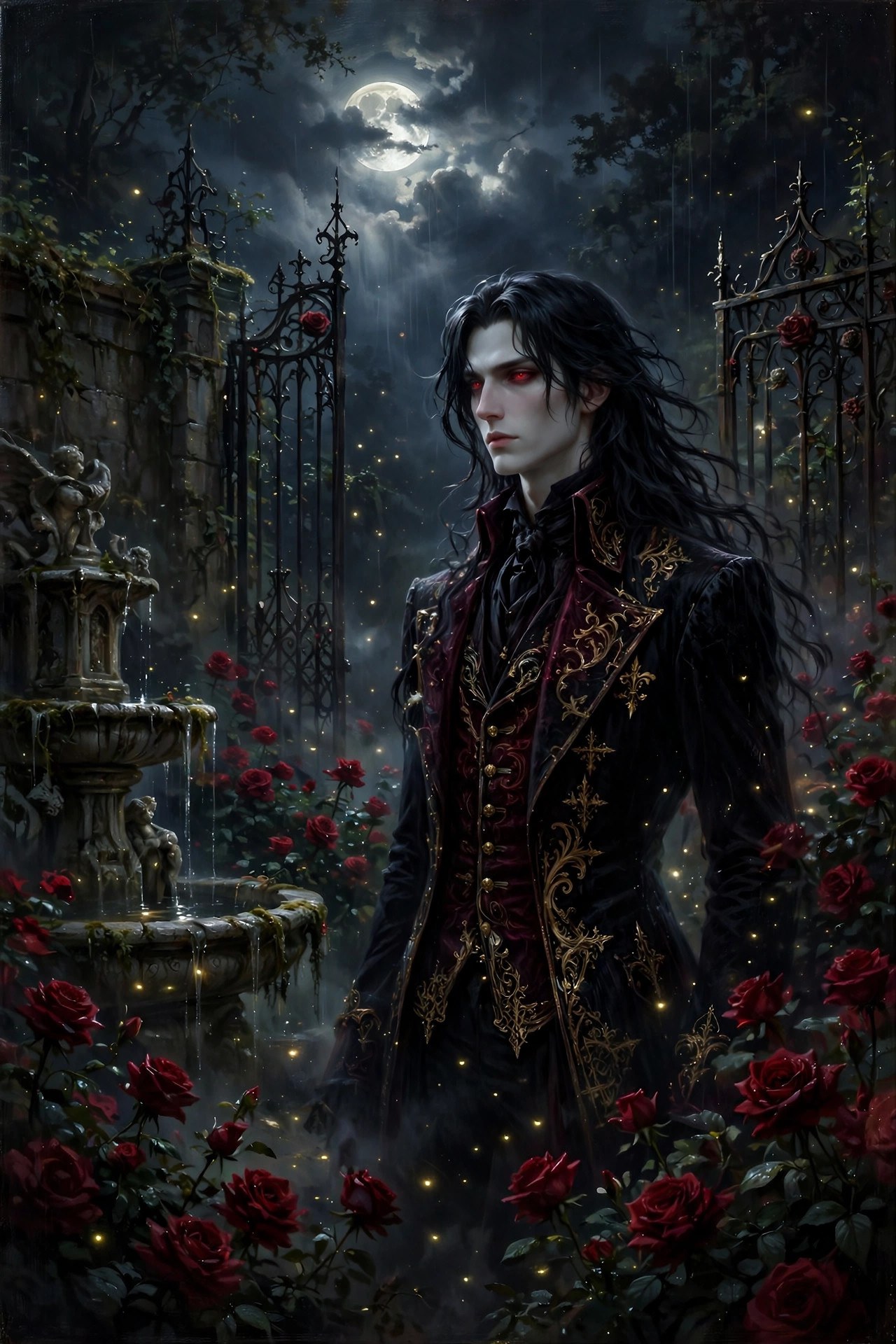 AI-generated dramatization art: Lucien in a moonlit rose garden with a stone fountain