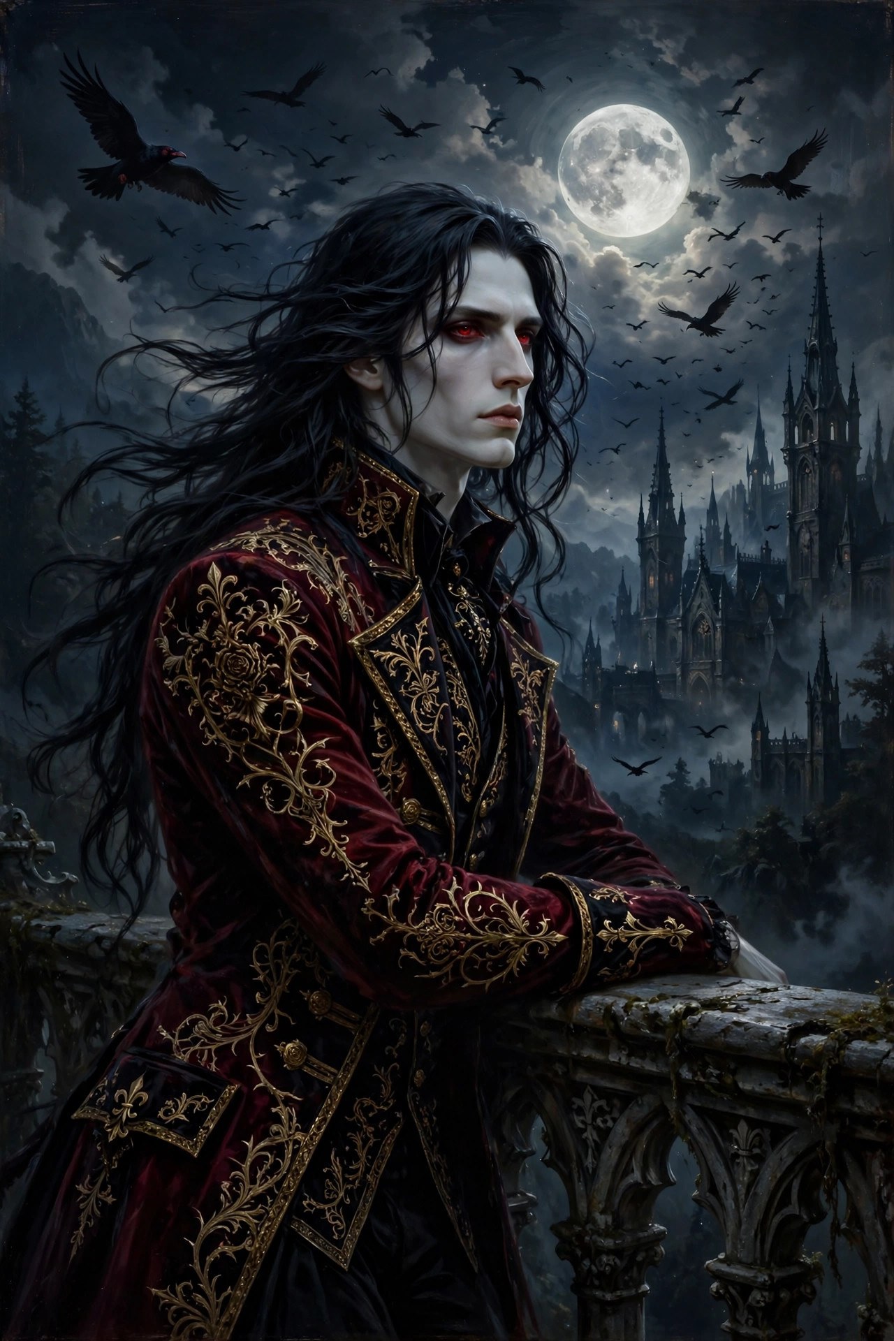 AI-generated dramatization art: Lucien leaning on a stone balcony railing under a full moon as ravens fly past