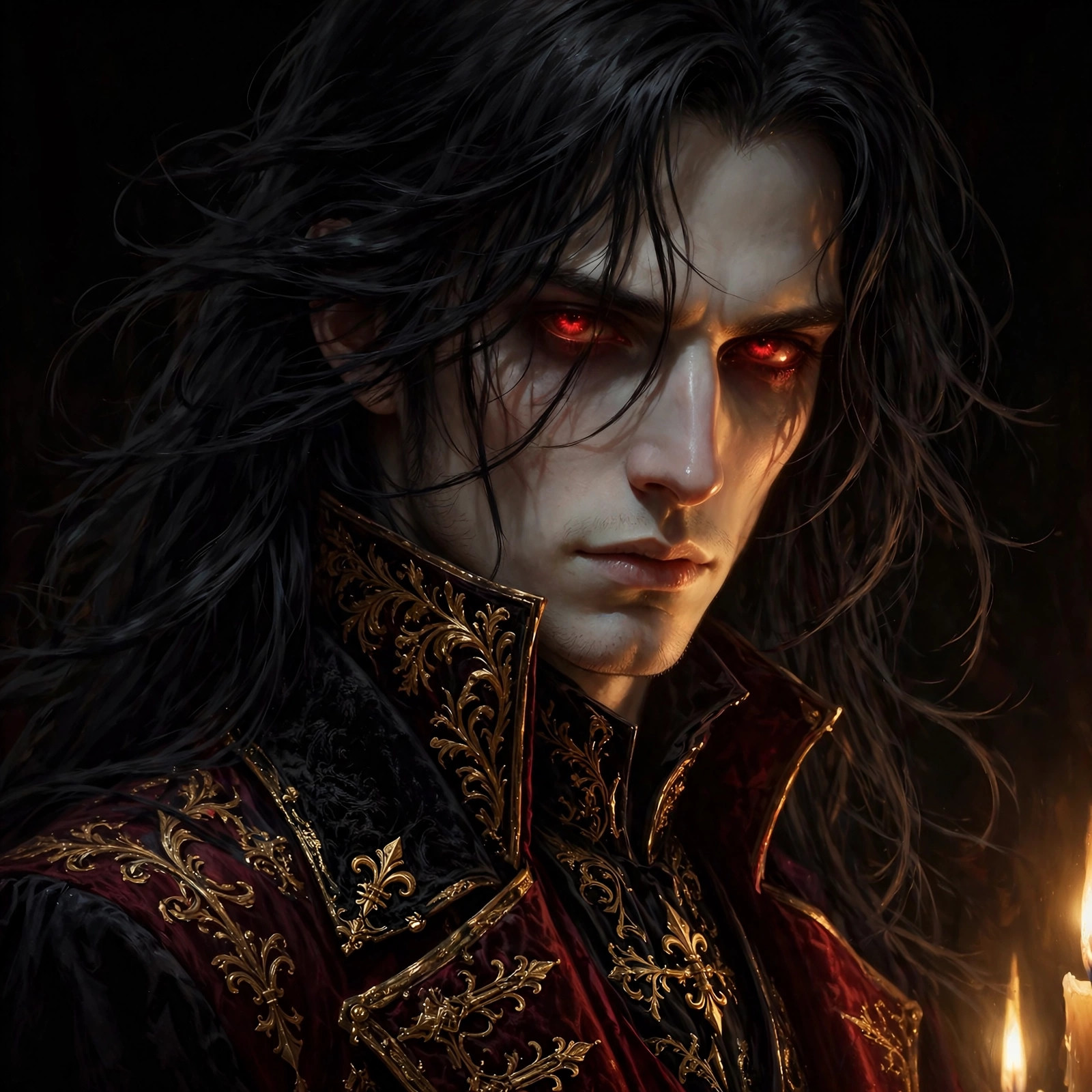 AI-generated dramatization art: close-up portrait of Lucien by candlelight