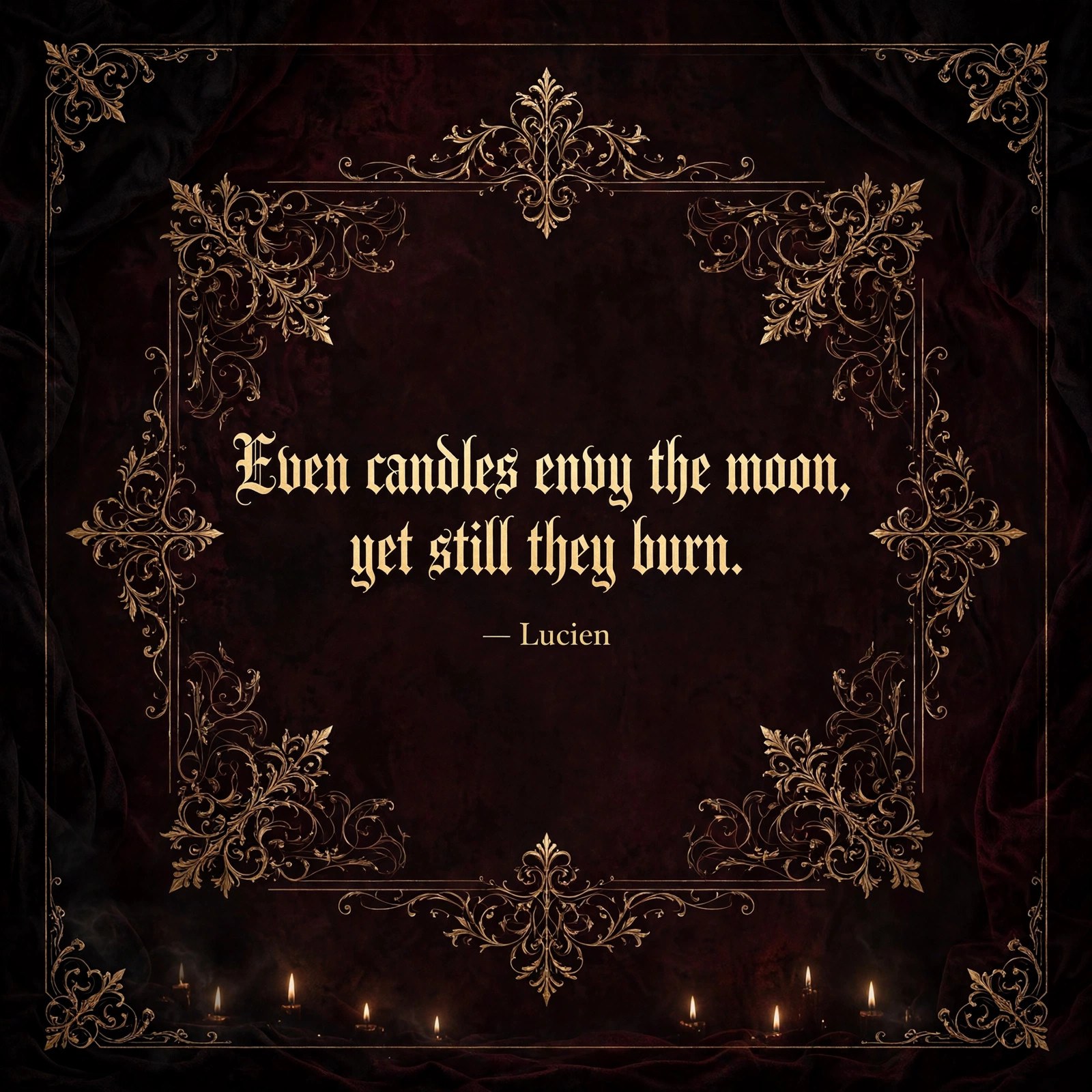 AI-generated quote card: 'Even candles envy the moon, yet still they burn.' — Lucien