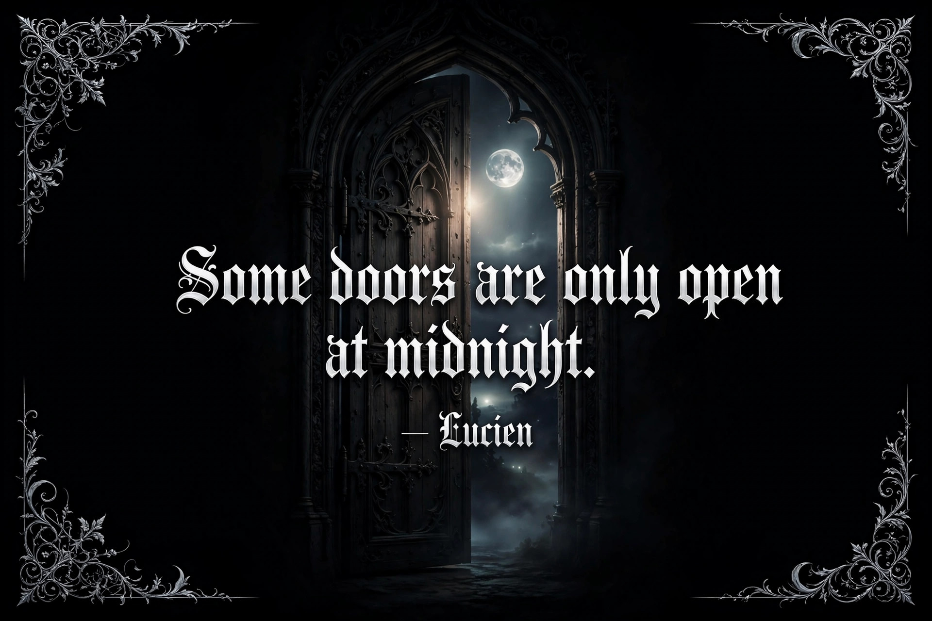 AI-generated quote card: 'Some doors are only open at midnight.' — Lucien