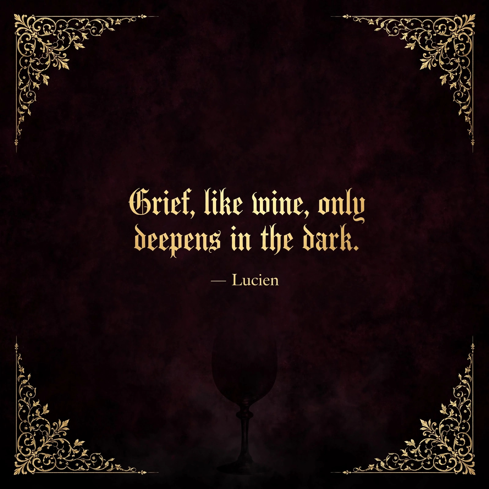 AI-generated quote card: 'Grief, like wine, only deepens in the dark.' — Lucien