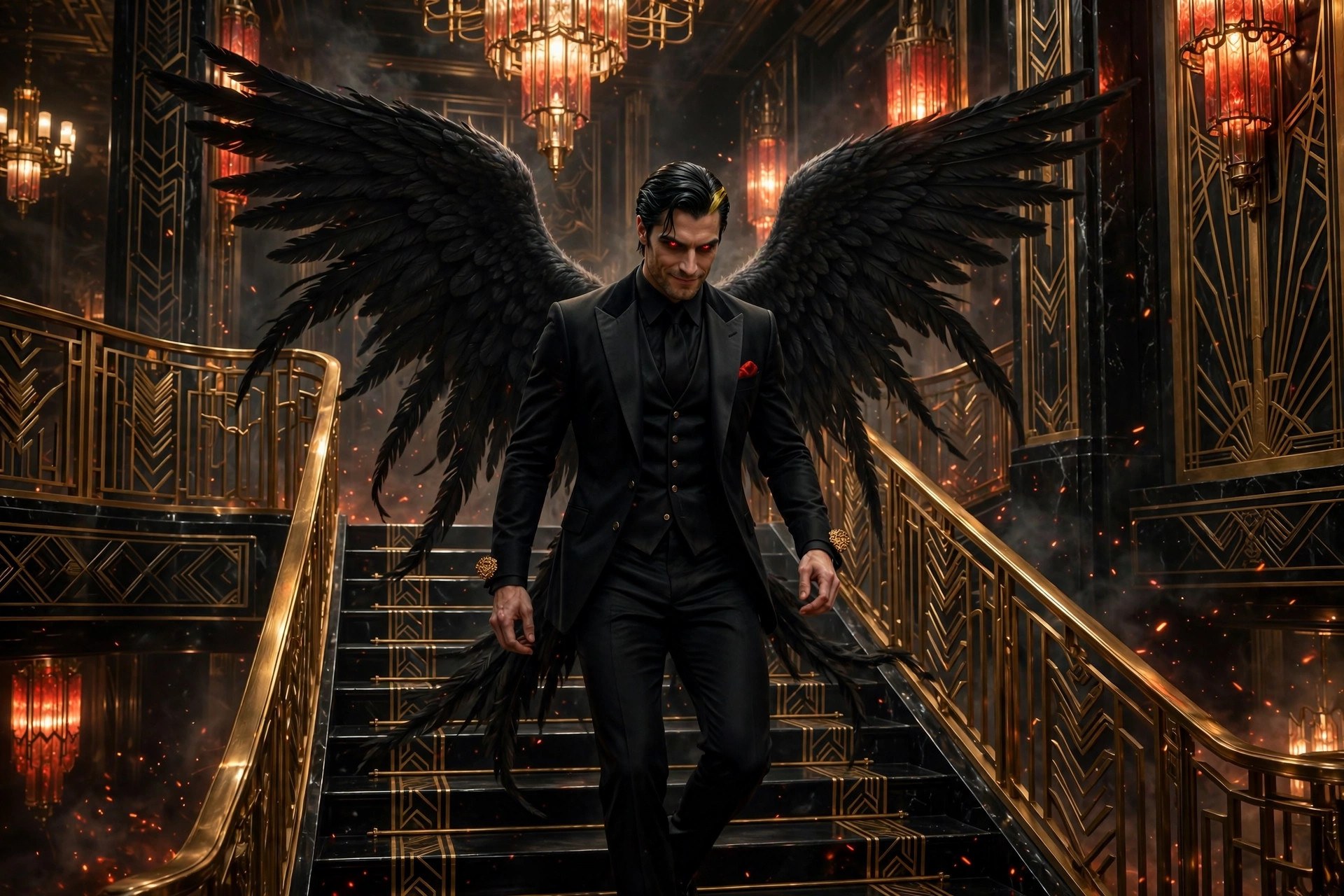 Lucifer descending a grand art-deco staircase, black wings trailing
