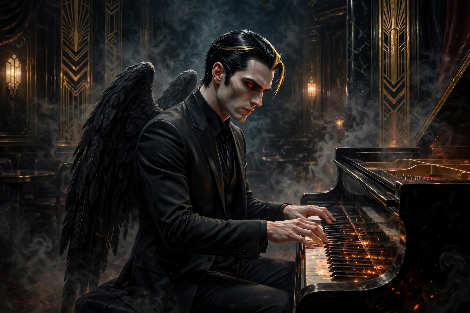 Lucifer at a piano in a smoky jazz club, ember light