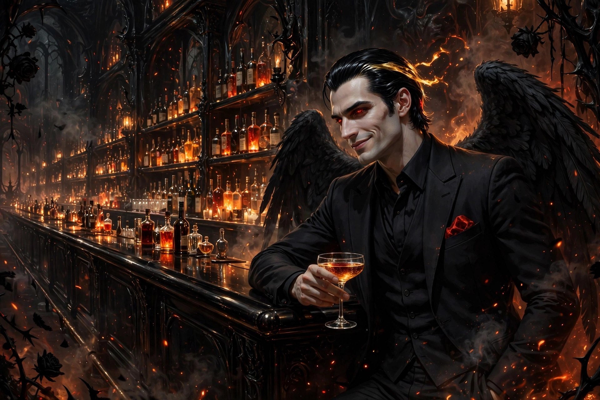 Lucifer leaning on a black lacquer bar, glowing bottles behind him