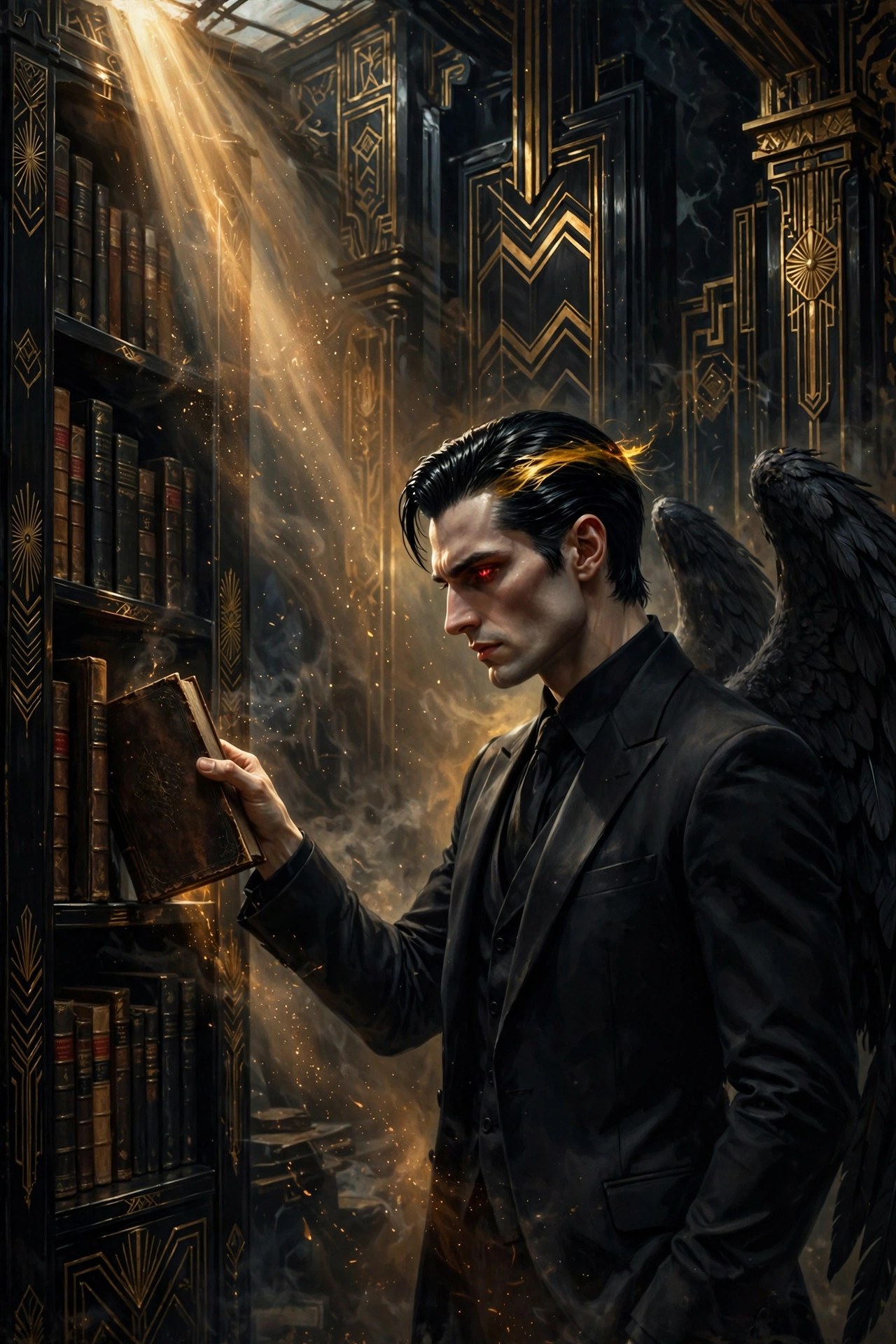 Lucifer in a dark library pulling a book from a shelf