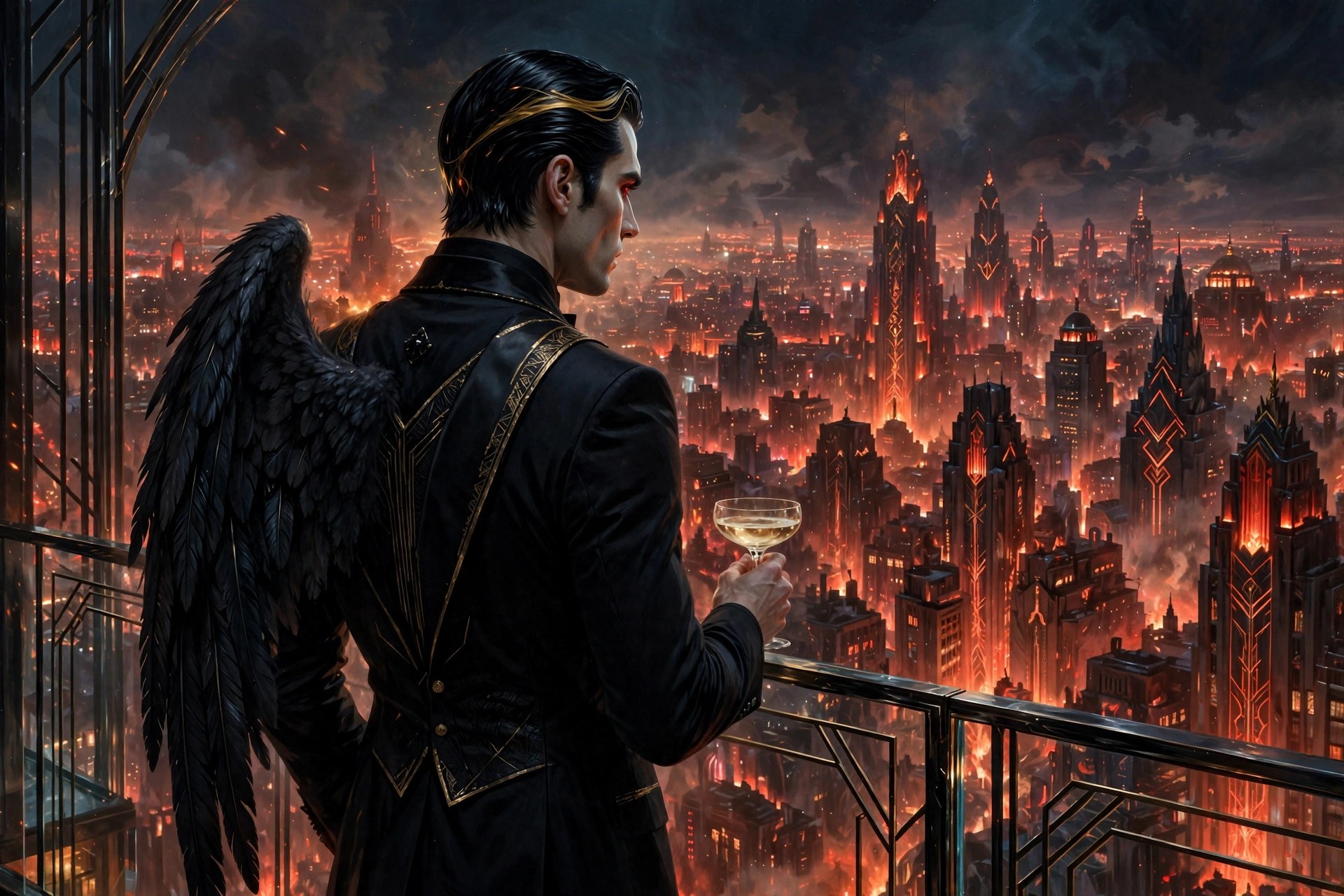Lucifer on a balcony overlooking a glowing ember city