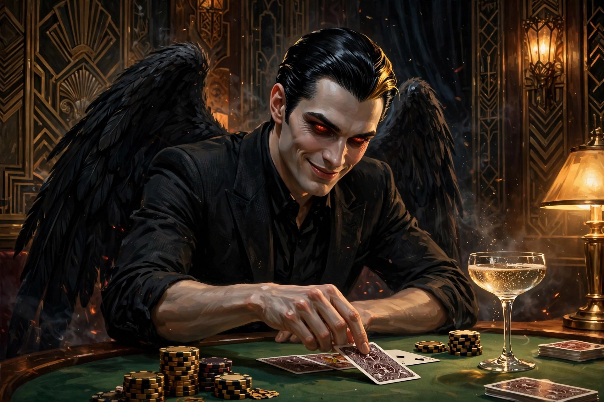 Lucifer dealing cards at a green baize table in warm lamplight