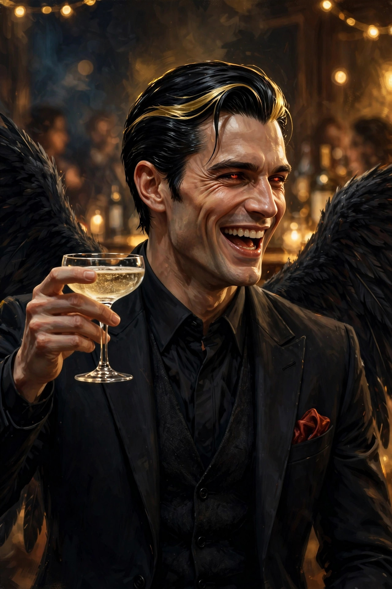 Lucifer laughing mid-toast, champagne coupe raised