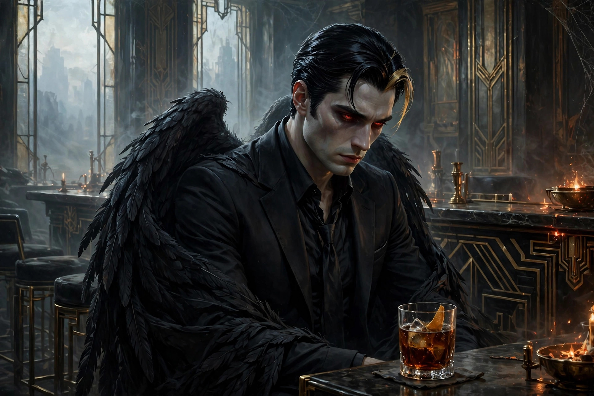 Lucifer alone at dawn, wings folded, contemplative