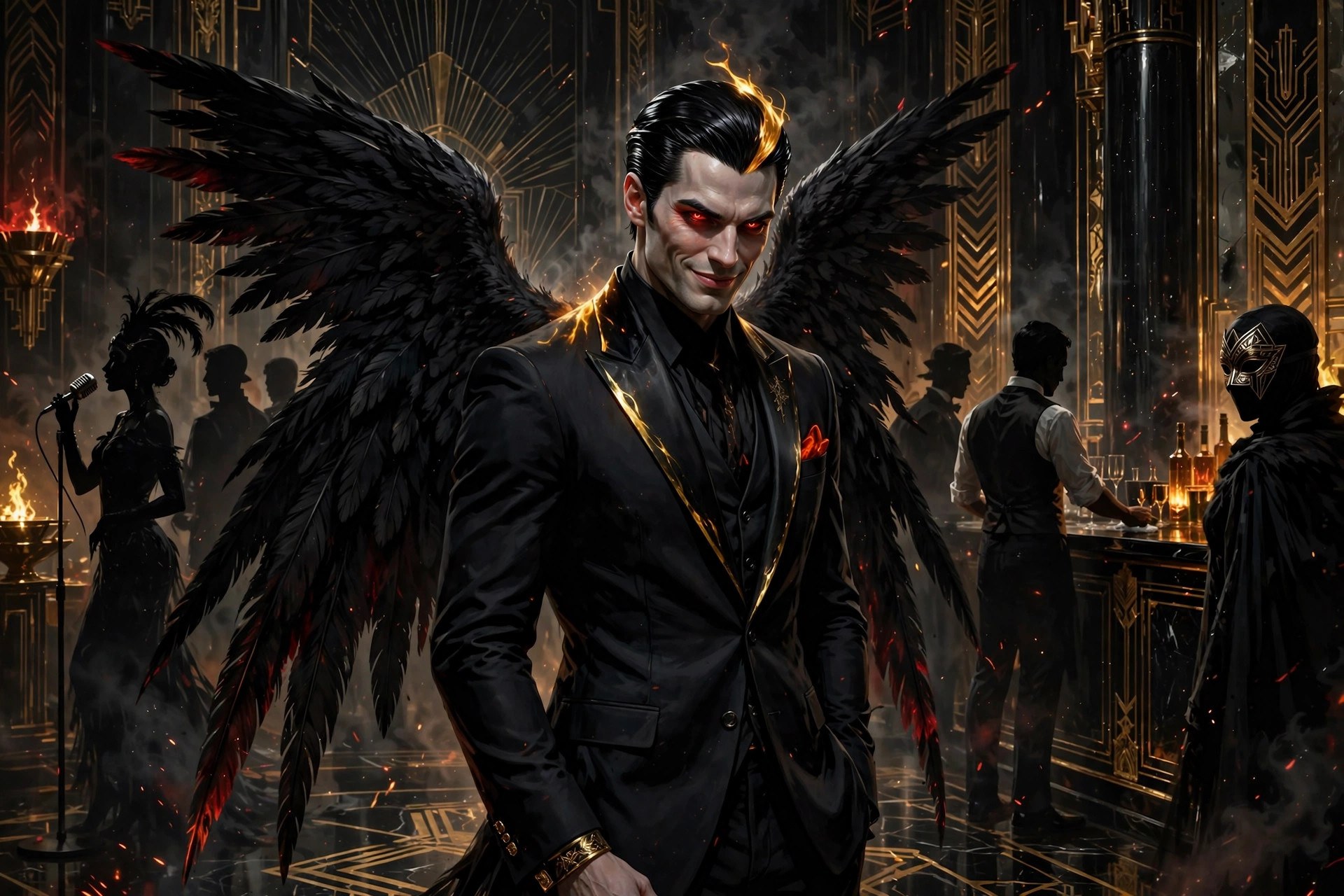 Lucifer at the center of shadowy courtier figures in an art-deco hall