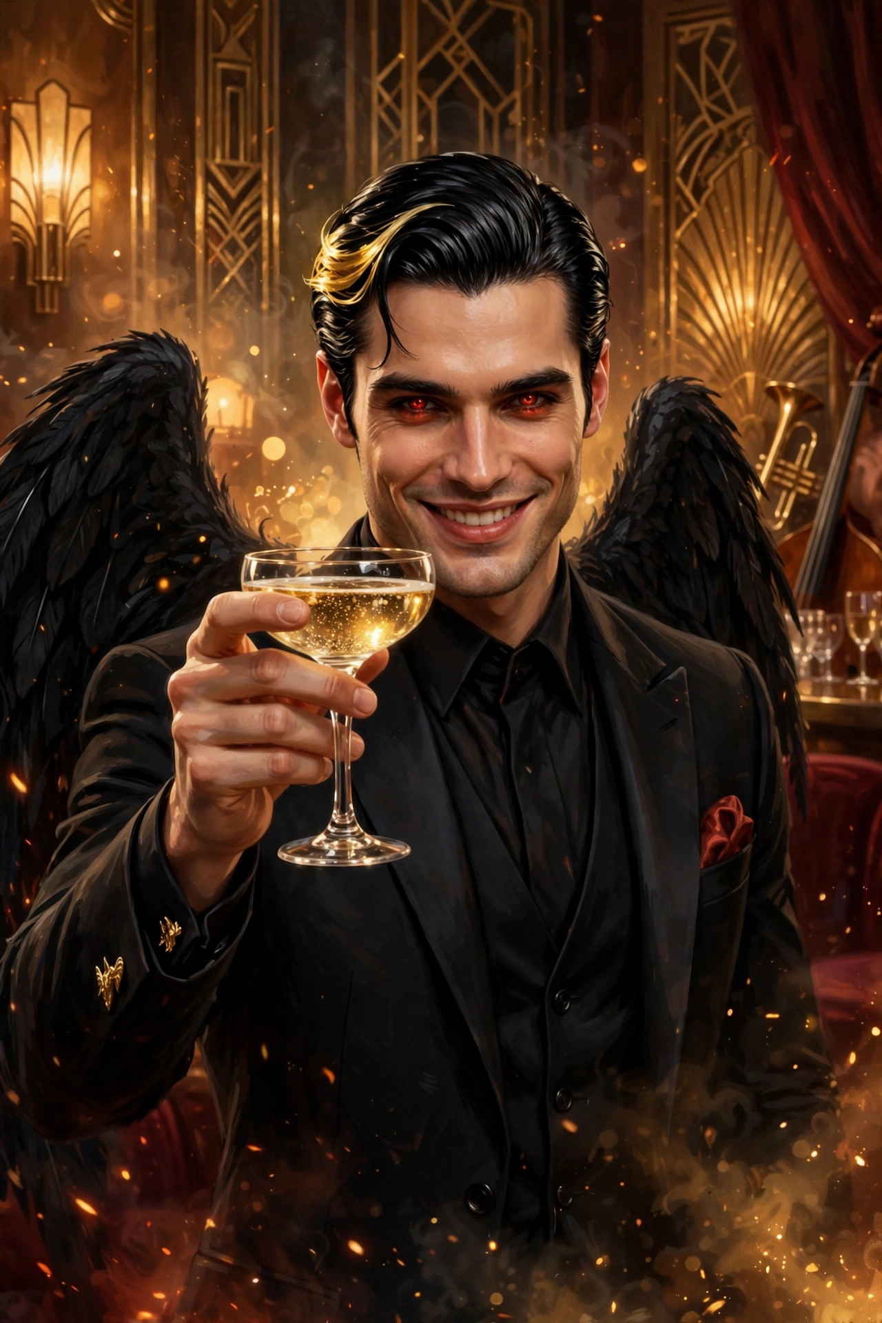 Lucifer raising a champagne coupe in a toast in a warmly lit jazz club