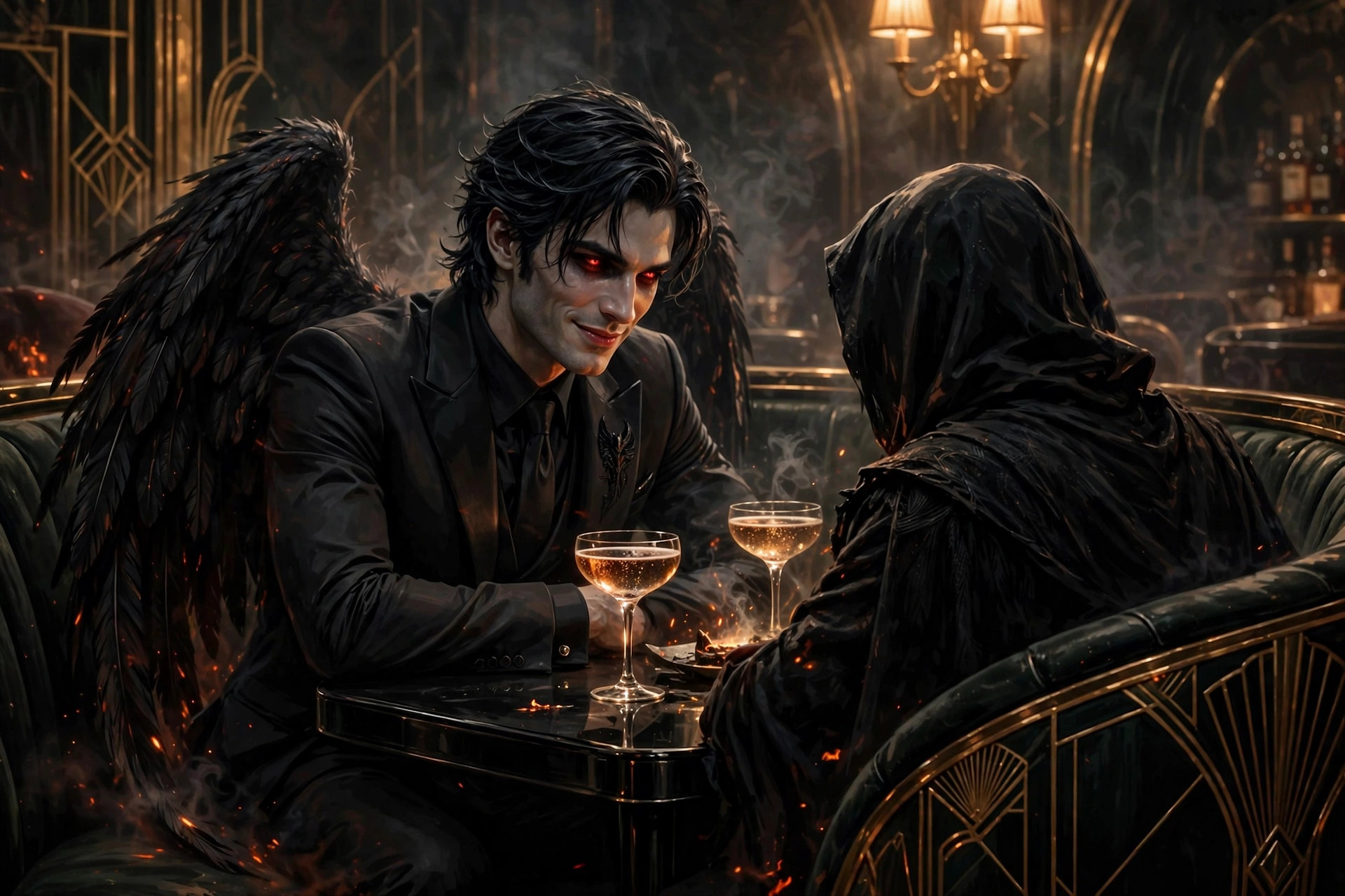 Two figures conversing in a lounge booth, one clearly Lucifer with folded black wings, warm intimate light