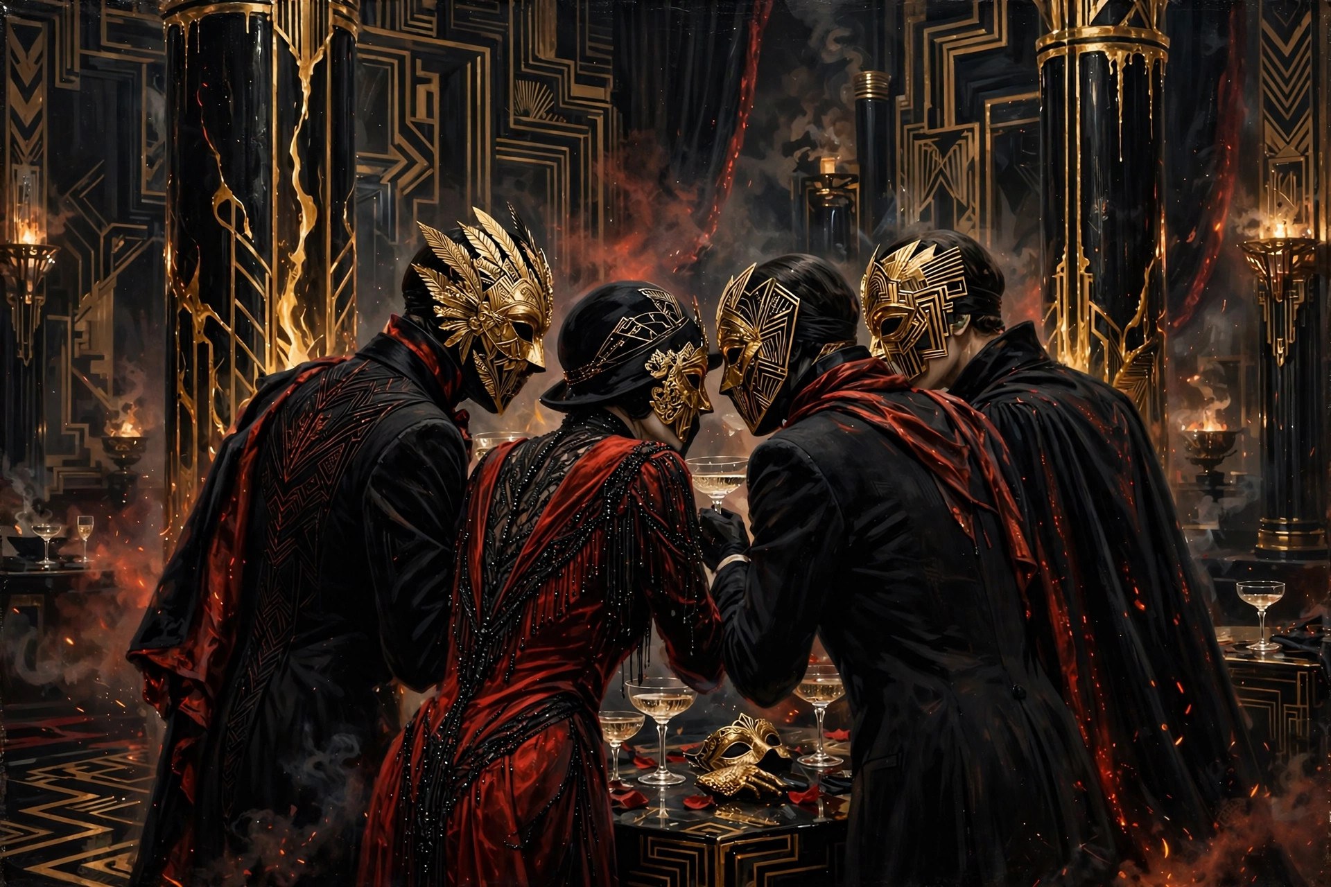 Masked courtiers whispering in an art-deco ballroom
