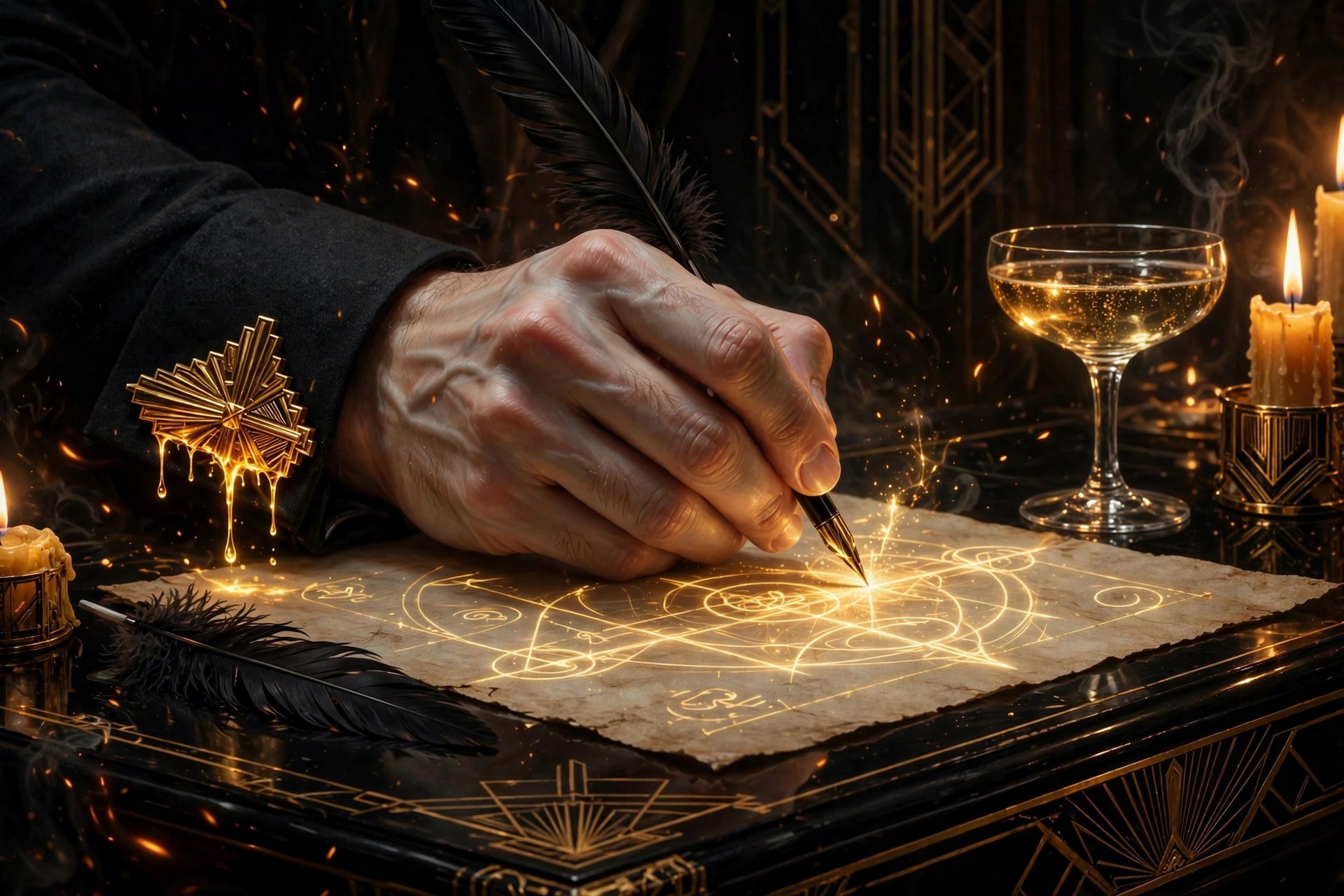 An elegant hand signing a glowing contract with a quill by candlelight, champagne nearby