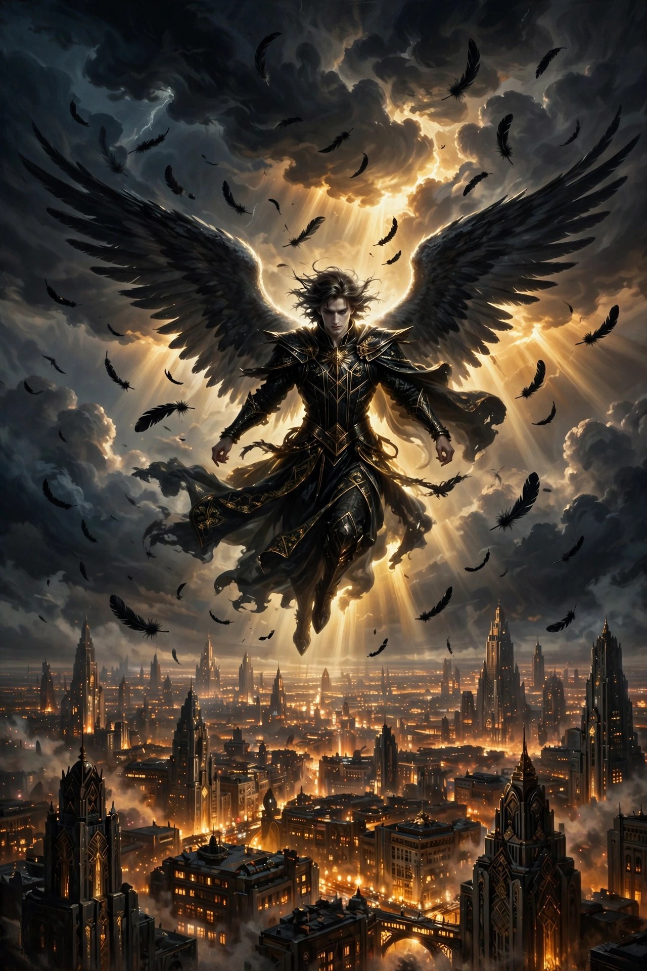 A luminous winged figure descending through dark clouds toward a glowing ember city