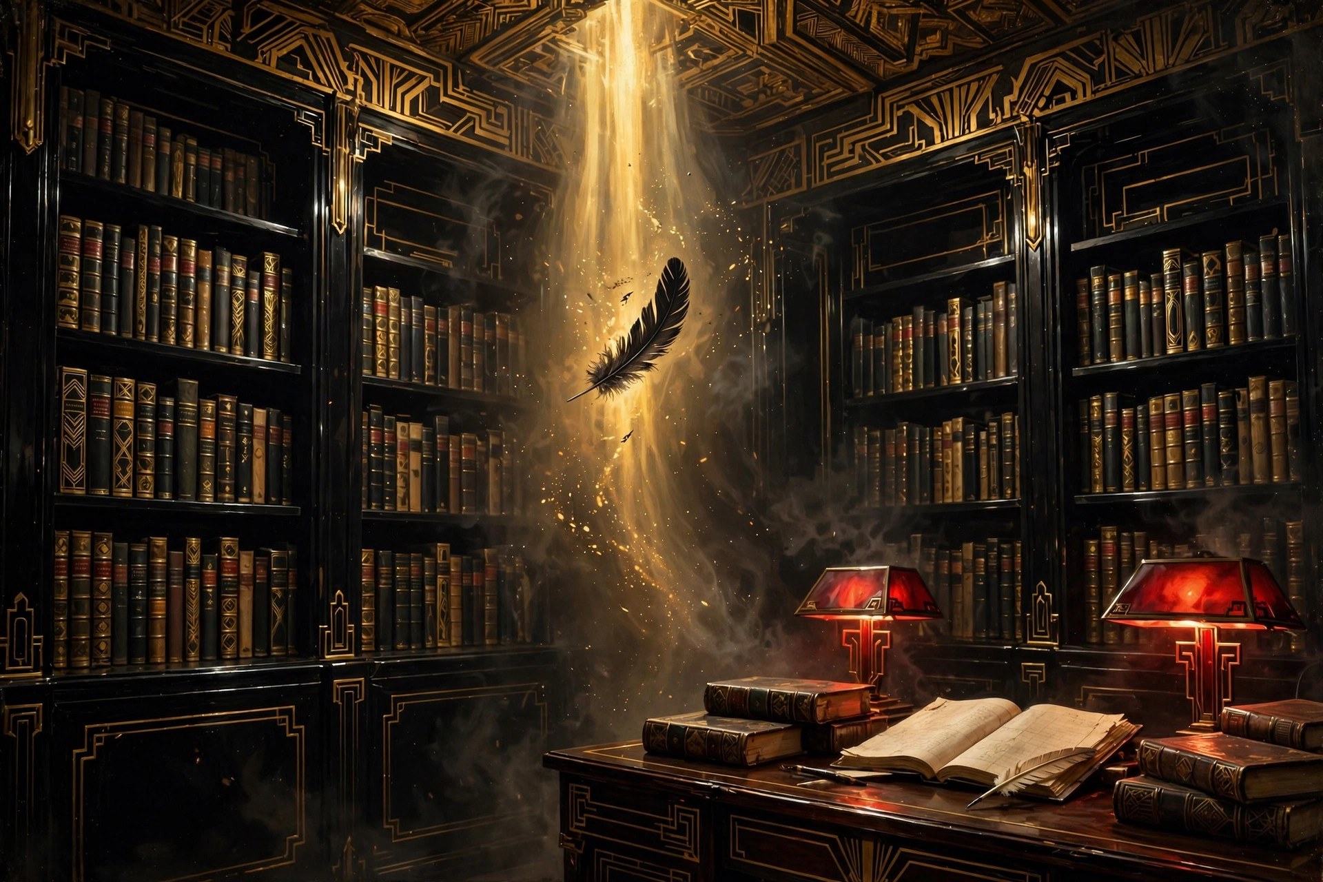 An art-deco library with black lacquer shelves, gold book spines and a floating black feather