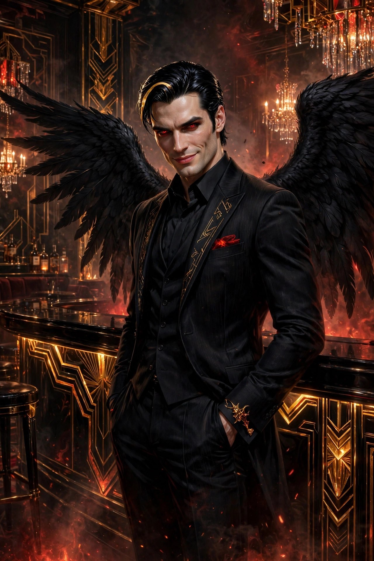 Lucifer, a handsome fallen-angel figure in a tailored black suit with black feathered wings, standing in an art-deco infernal jazz club