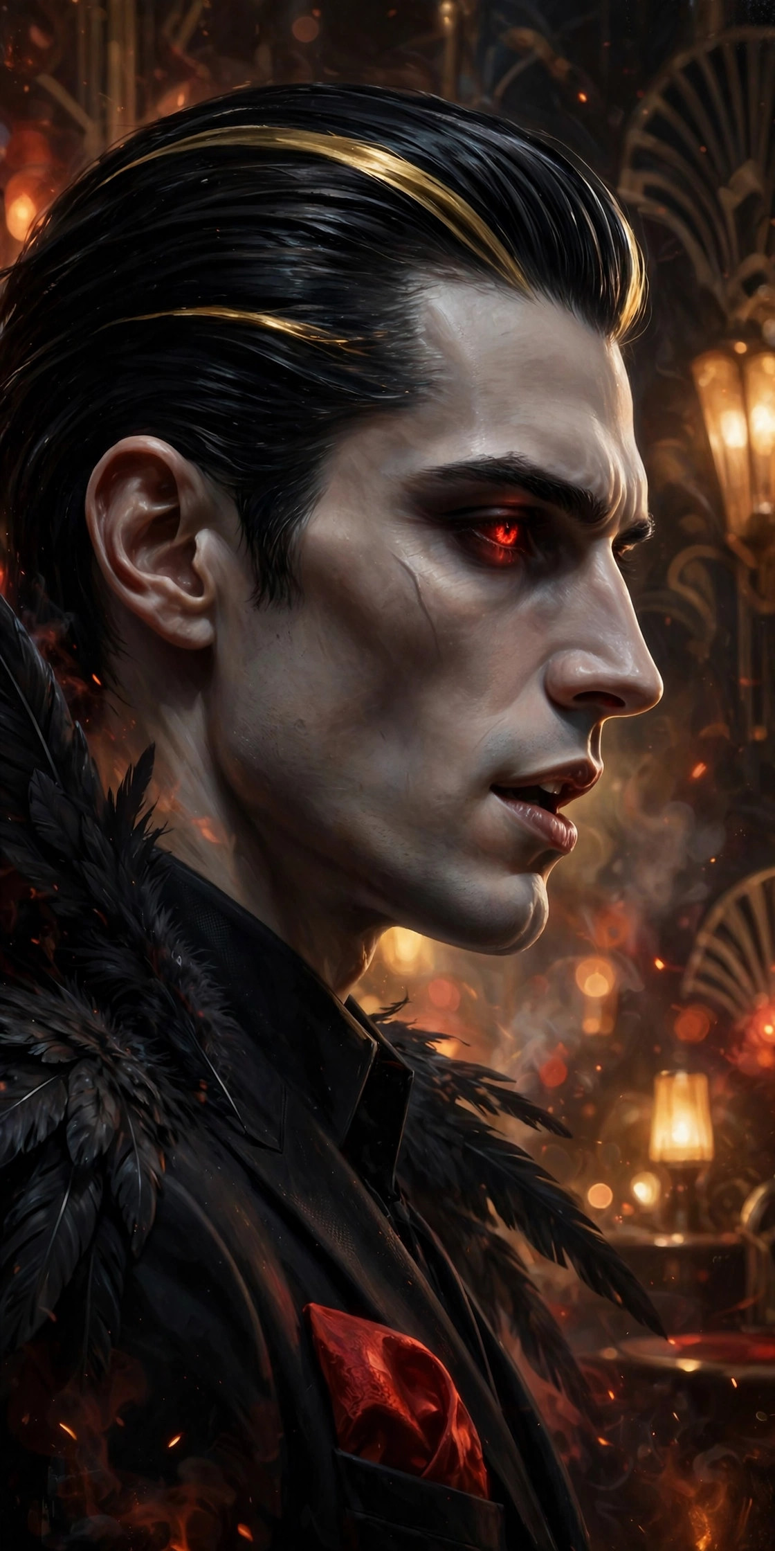 Close-up profile of Lucifer speaking, ember bokeh behind him