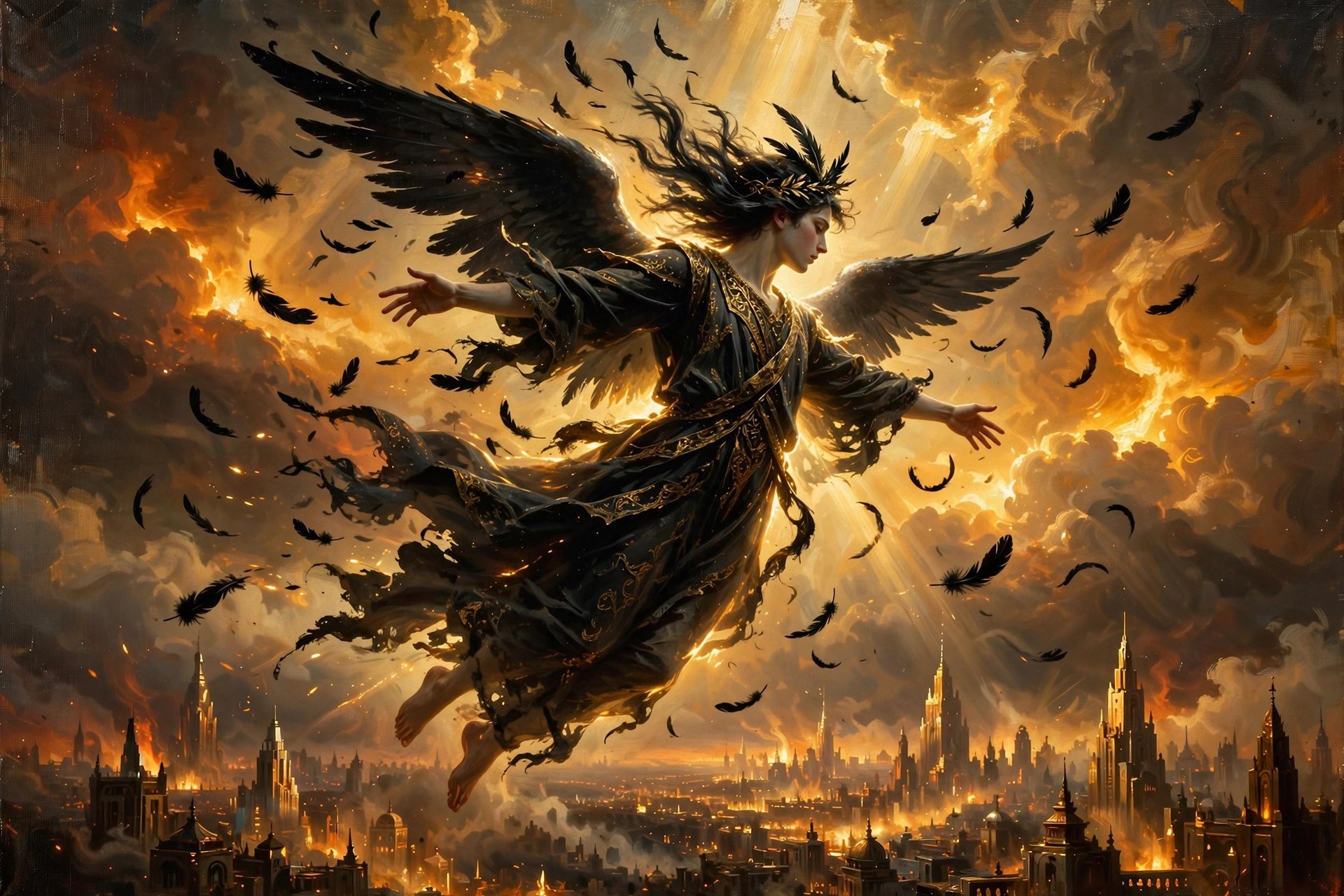 A radiant winged figure falling through a gold-and-ember sky, feathers scattering