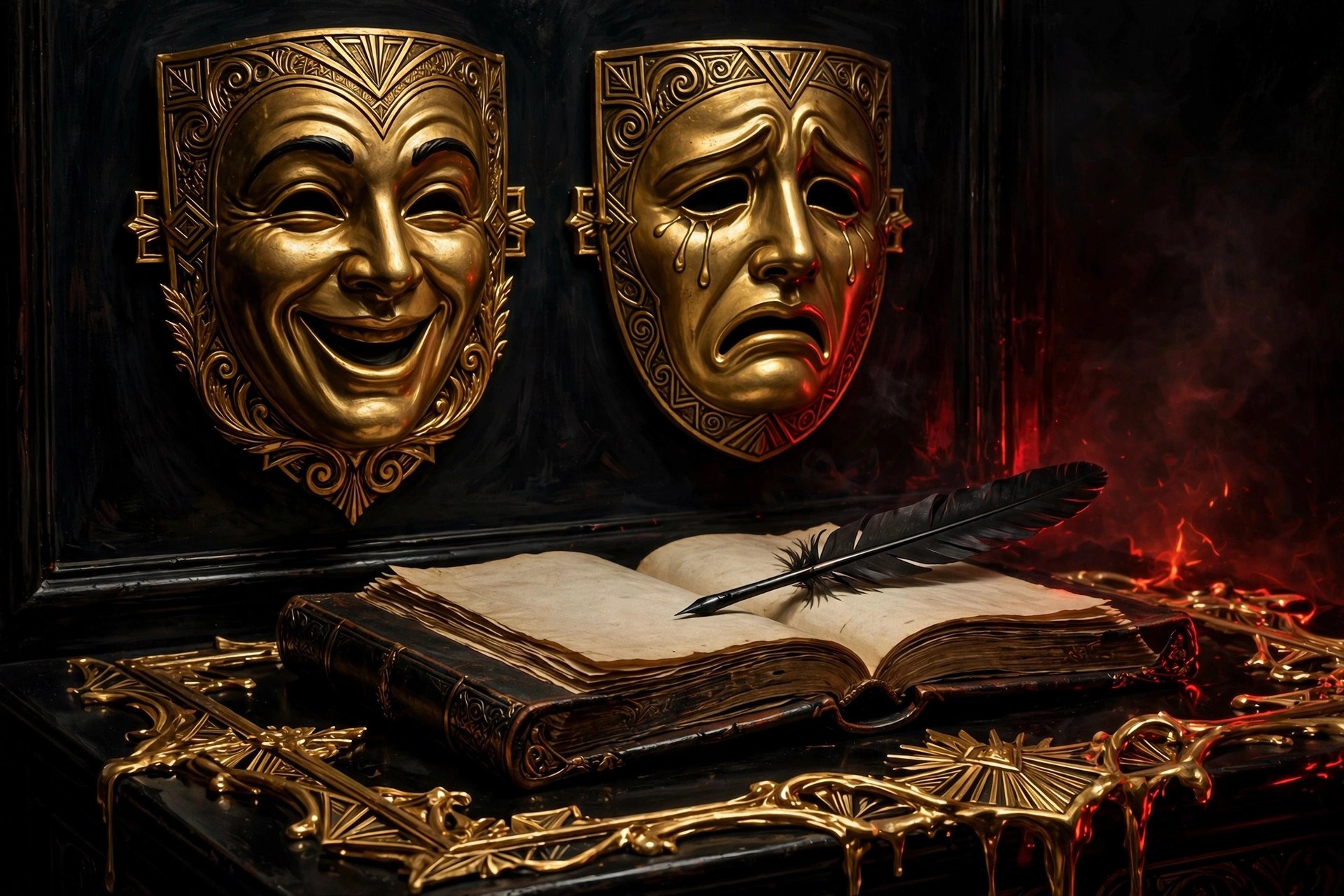 Gold theatrical masks of comedy and tragedy on black lacquer beside a quill and ledger