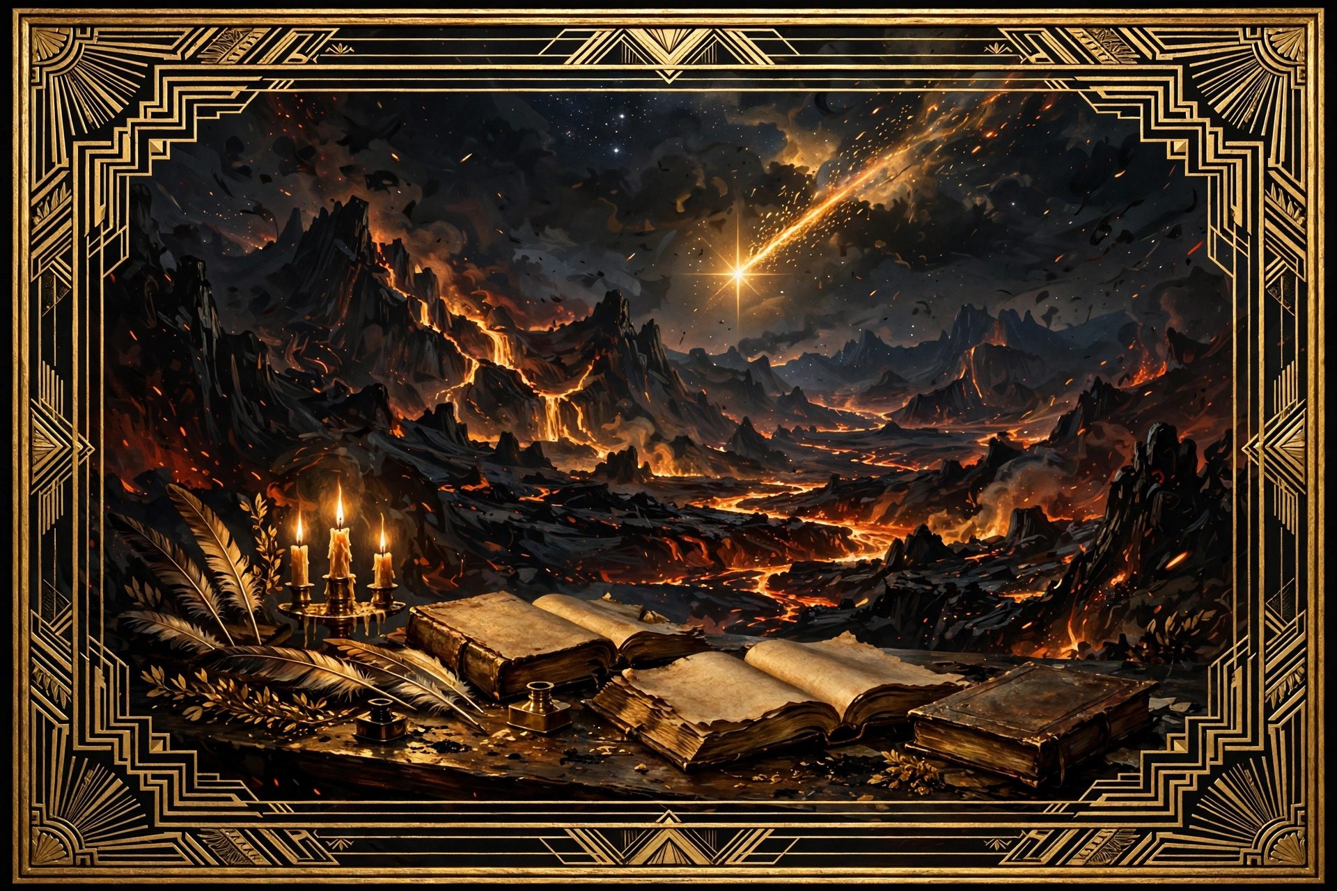 An infernal landscape with a falling star above open ancient books and quills, no people depicted