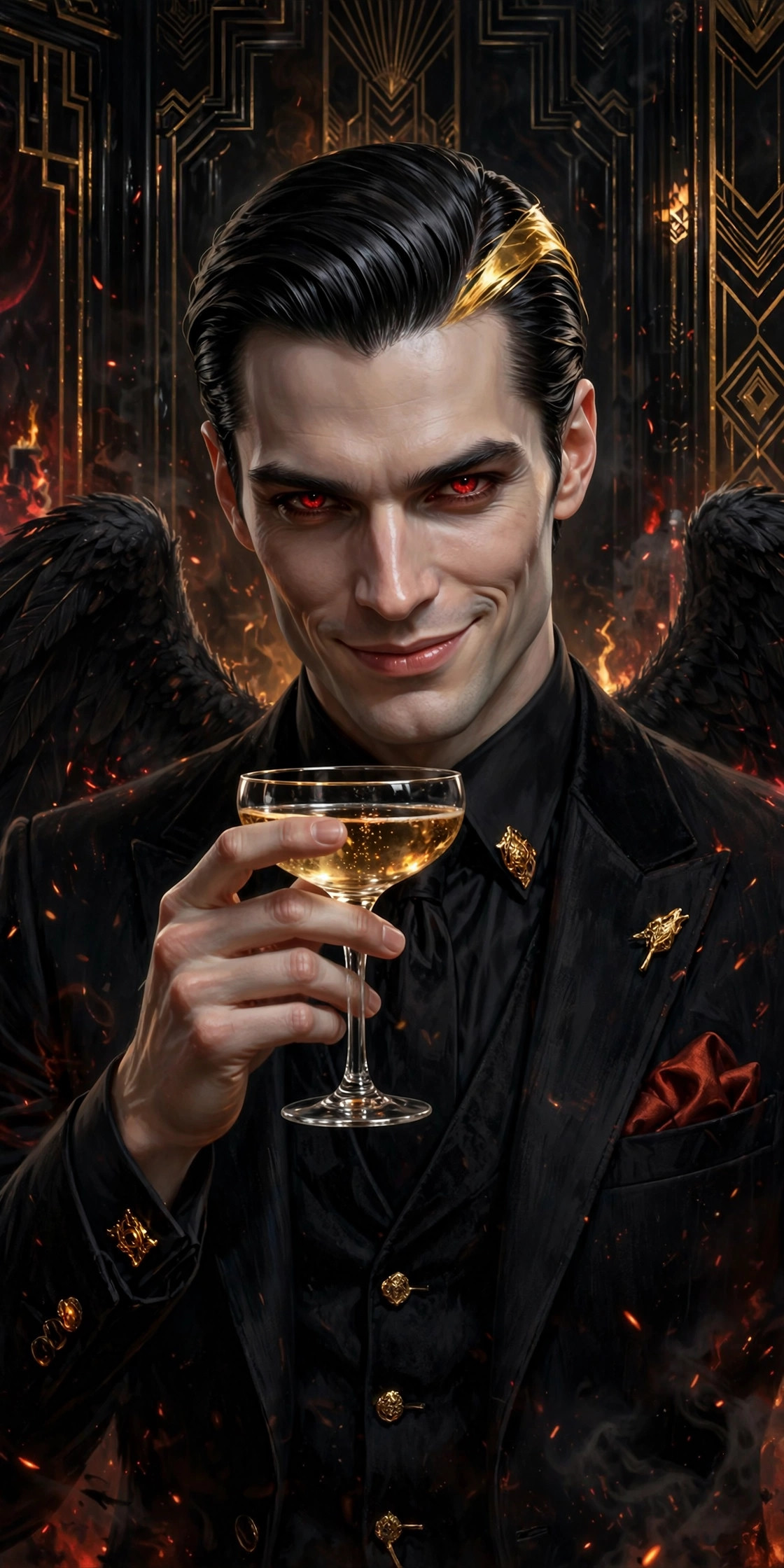 Lucifer holding a champagne coupe, gazing knowingly at the viewer