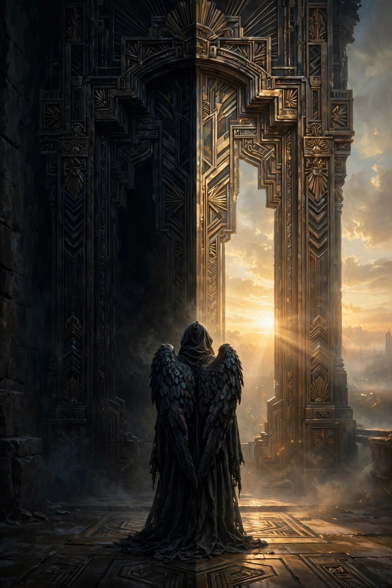 A lone winged figure before a tall doorway split between darkness and dawn light
