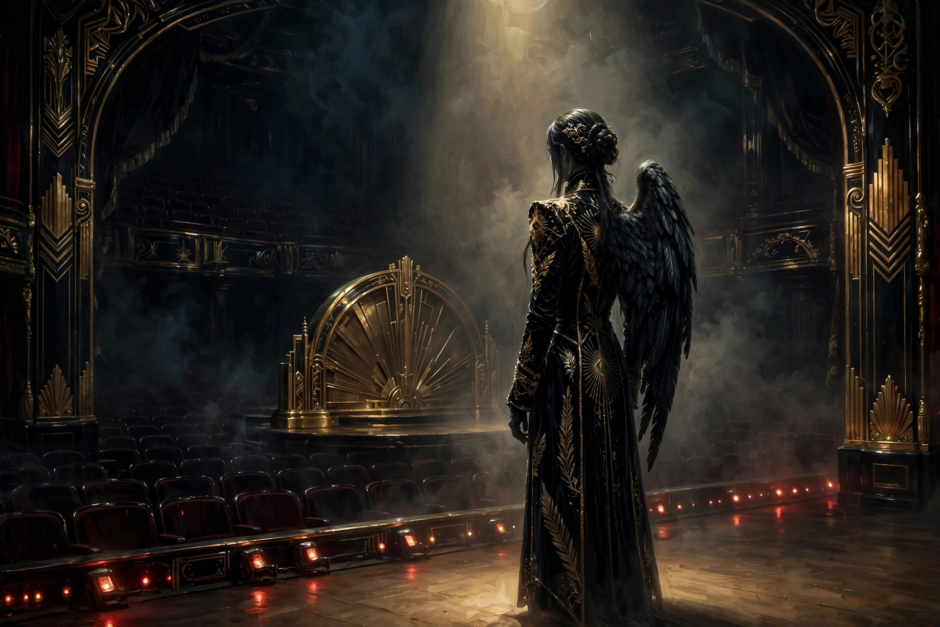 A lone figure in a spotlight on an art-deco theater stage