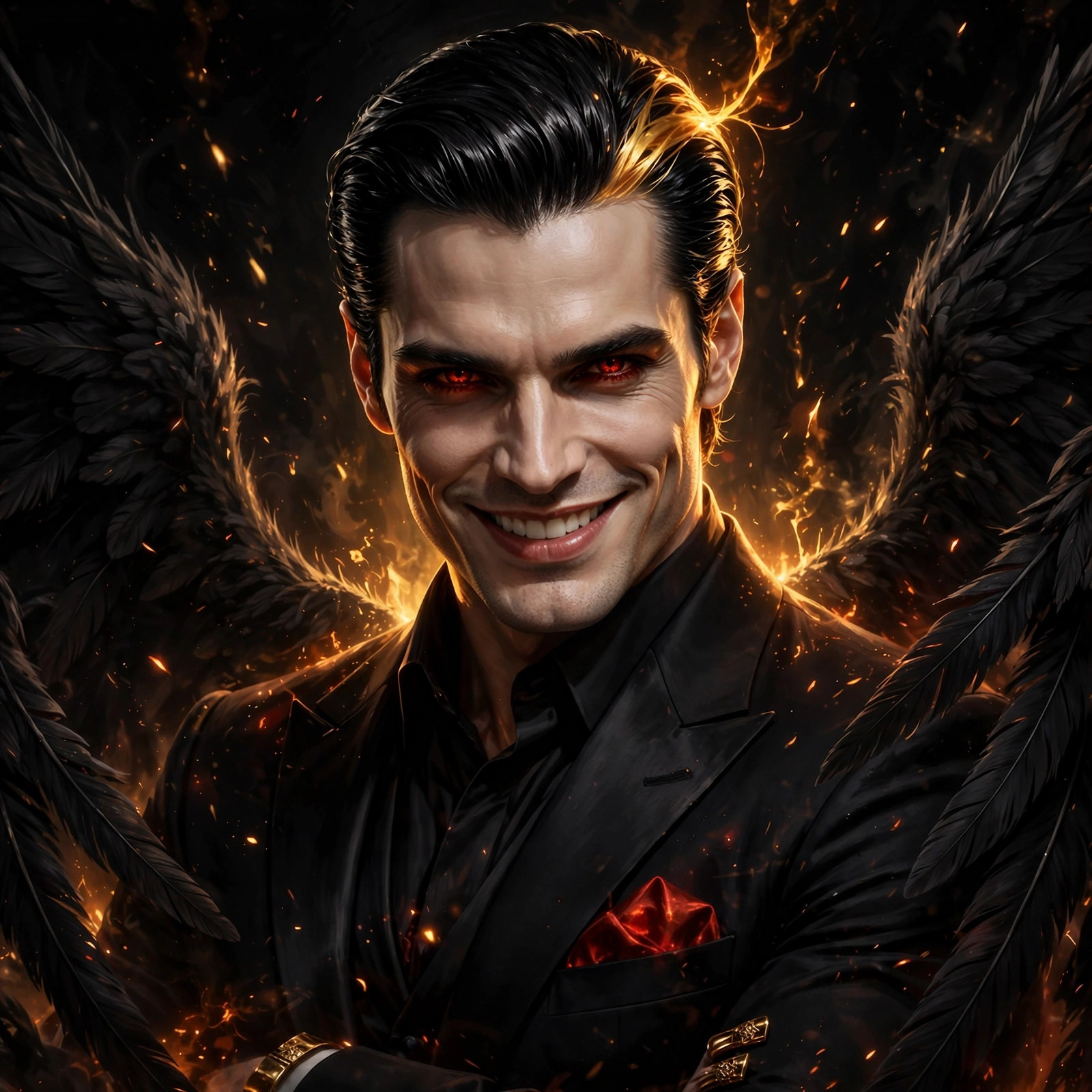 A glamorous direct-gaze portrait of Lucifer in ember and gold light