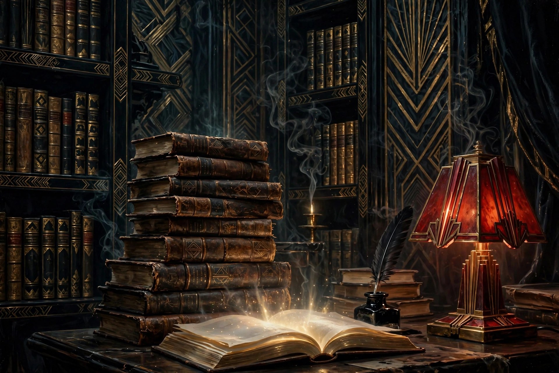 A stack of ancient tomes, an open book with glowing text and a quill in an art-deco study