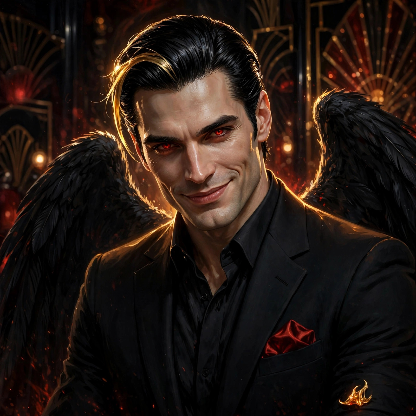 Close portrait of Lucifer with a sly, welcoming smile and ember-red eyes