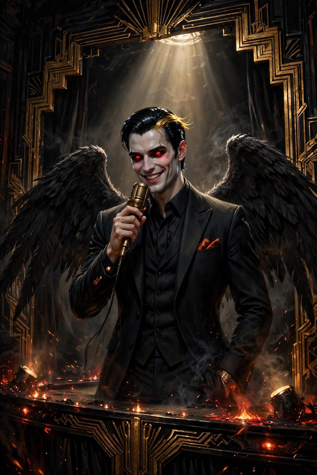 Lucifer on stage with a vintage microphone under a spotlight, art-deco proscenium