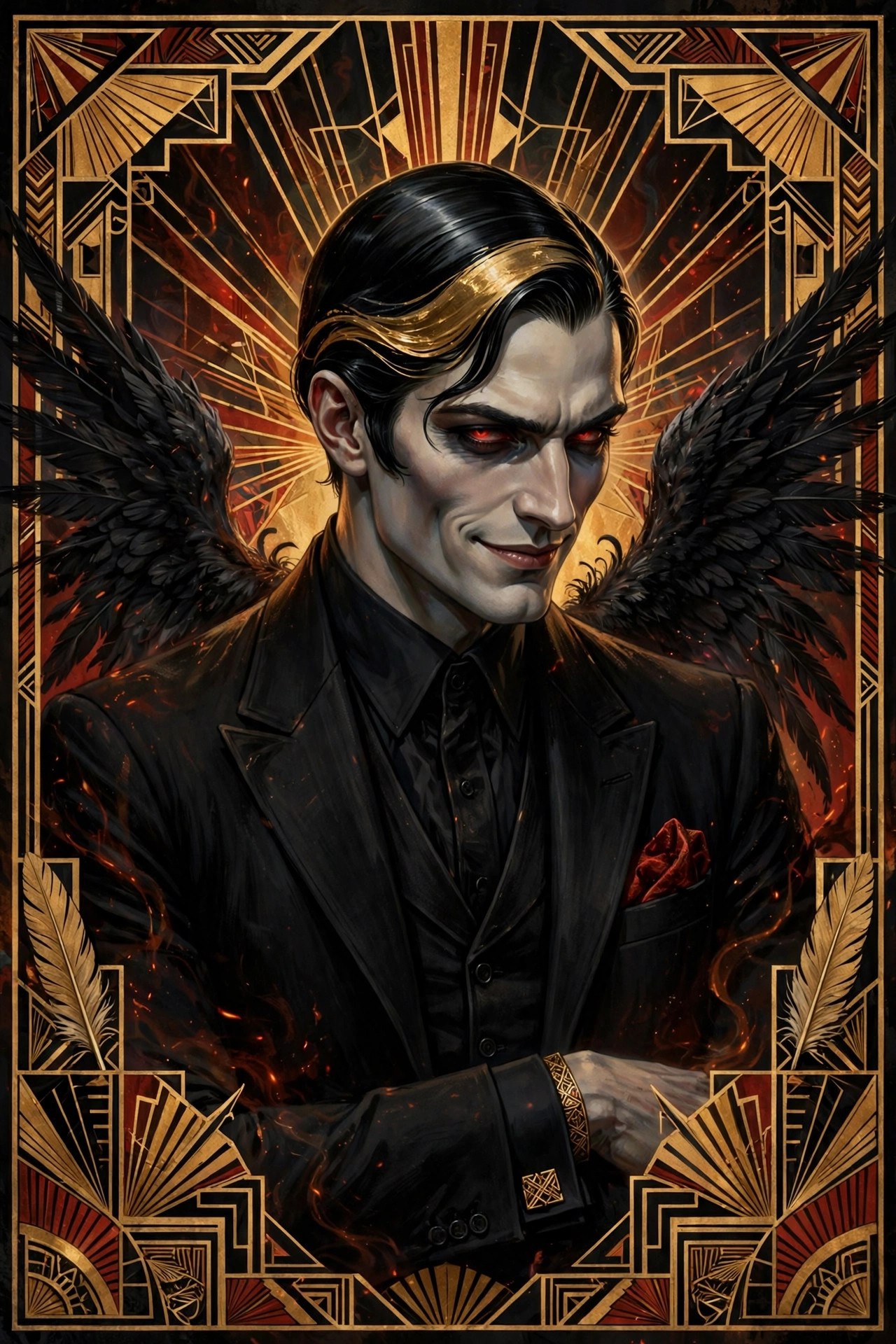 A glamorous portrait of Lucifer framed by art-deco geometric patterns in black, ember and gold