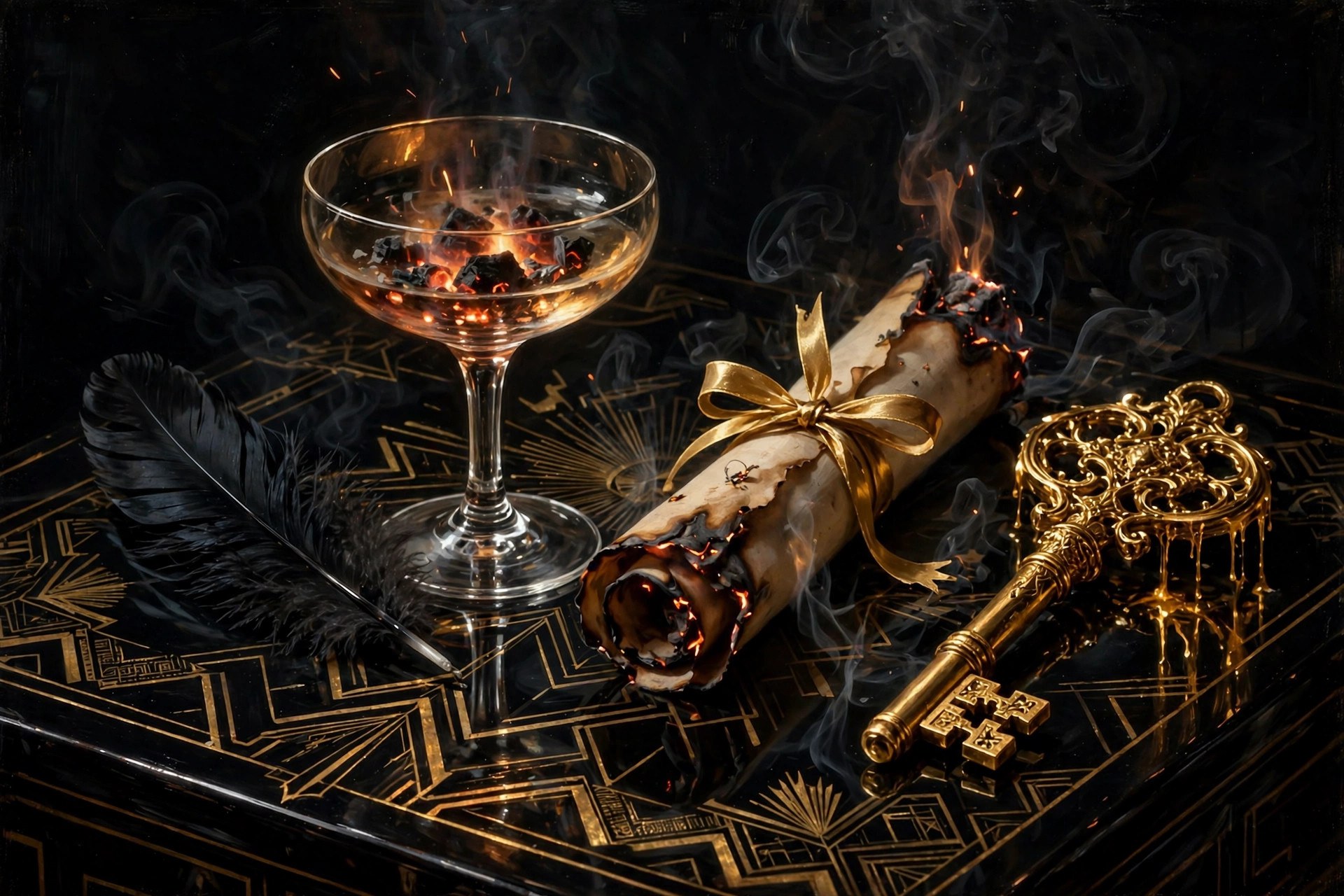 Symbolic still life: a black feather, a champagne coupe, a smoldering contract and a gold key