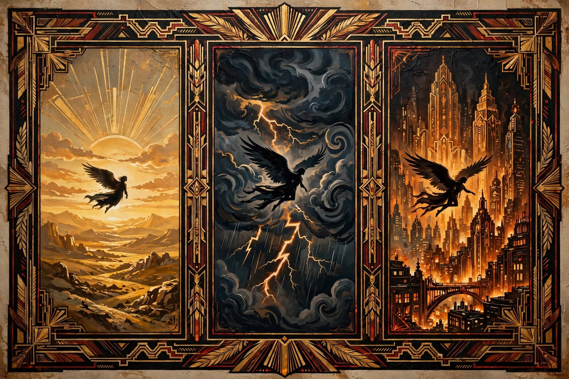 A mural-like image of a winged silhouette crossing ages, framed in art-deco borders