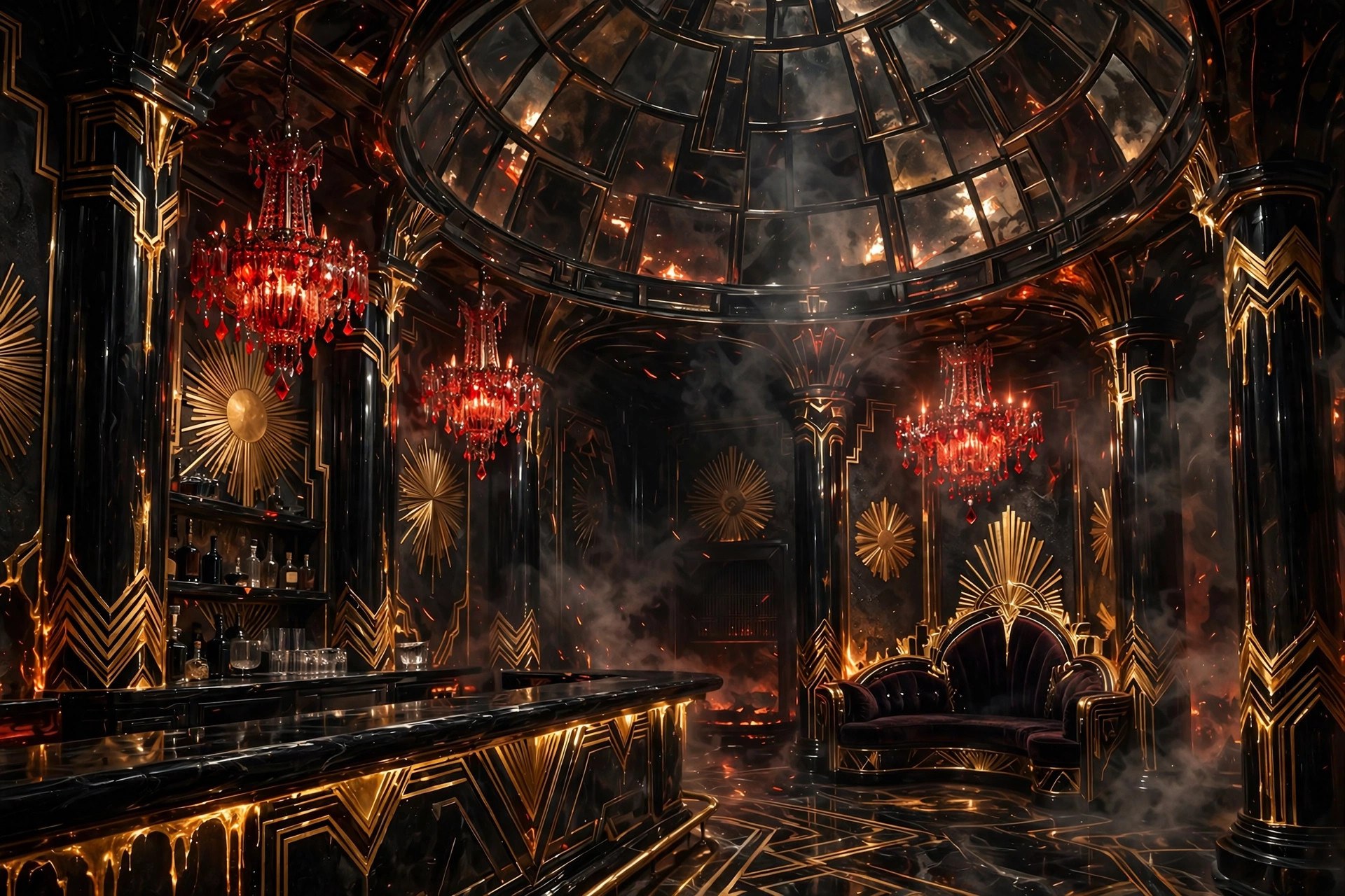 A grand art-deco throne room with black lacquer columns, gold sunburst motifs and ember chandeliers