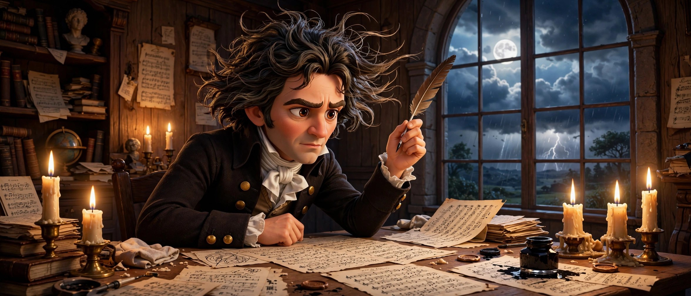 AI-generated illustration of the stream's animated Beethoven character at a candlelit manuscript desk